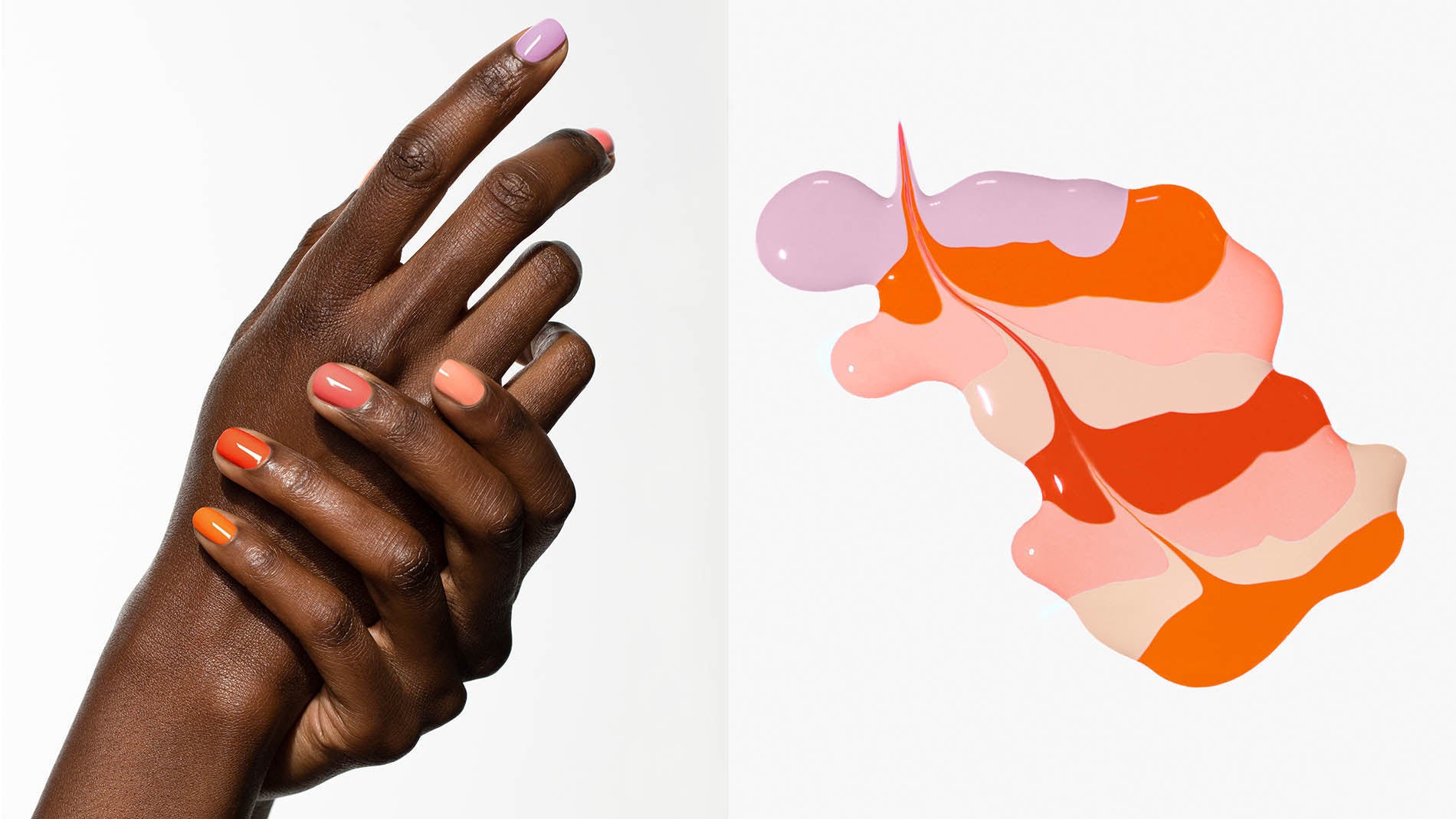 Links ist die Hand einer Person abgebildet, deren Nägel in verschiedenen Pastell- und Leuchtfarben lackiert sind; rechts ist verschütteter Nagellack in passenden Farben zu sehen.