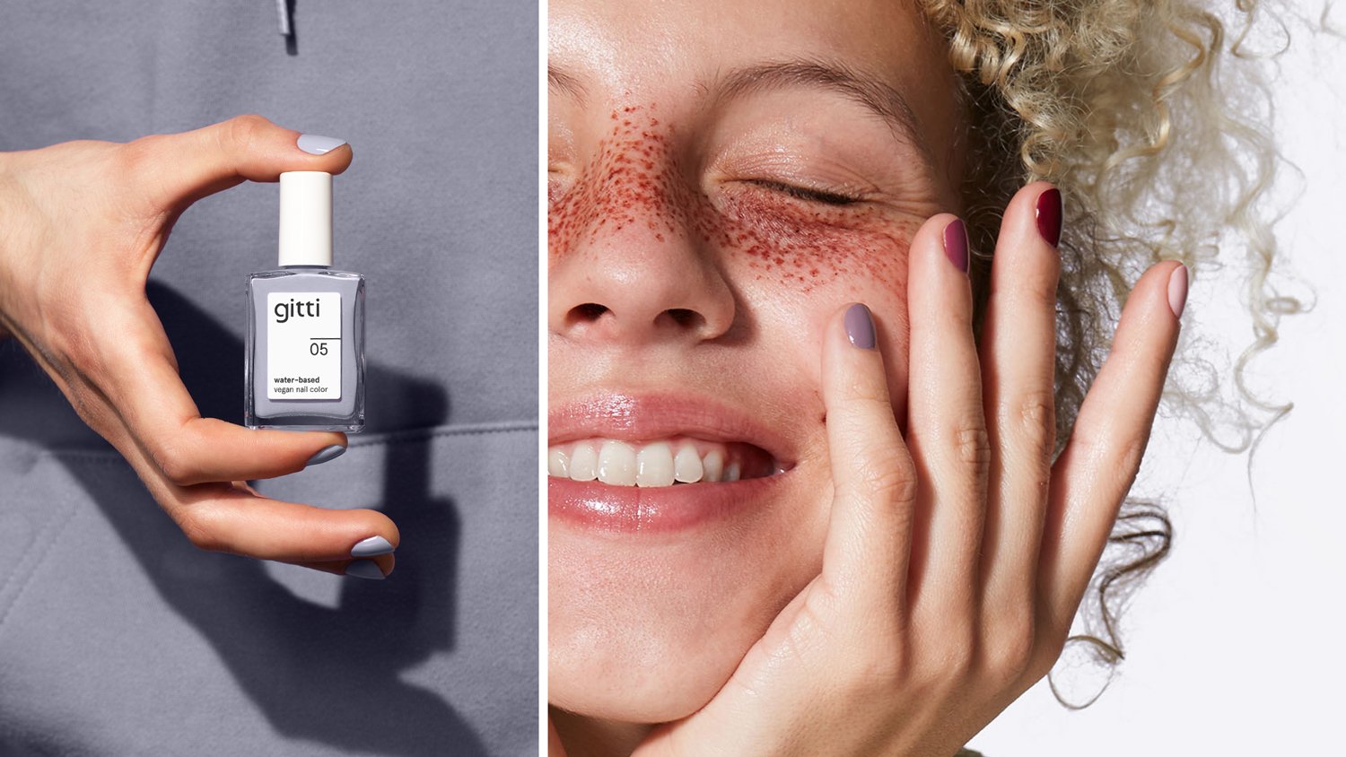 Links ist eine Hand zu sehen, die eine Flasche mit Gitti-Nagelfarbe hält; rechts lächelt eine Person mit lockigem Haar, deren manikürte Nägel ihr Gesicht berühren.