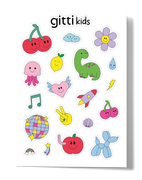 Der gitti kids Stickerbogen hat ein exklusives Design mit lächelnden Früchten, Tieren, Musiknoten, einer Rakete, einer Discokugel und verspielten Cartoon-Formen - perfekt für kreative Kinder.