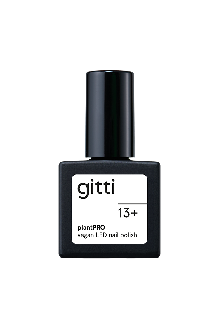 Ein schwarzes Fläschchen von gitti no. 13+ plantPRO vegan LED Nagellack in klarem Weiß ist auf einem weißen Hintergrund abgebildet.