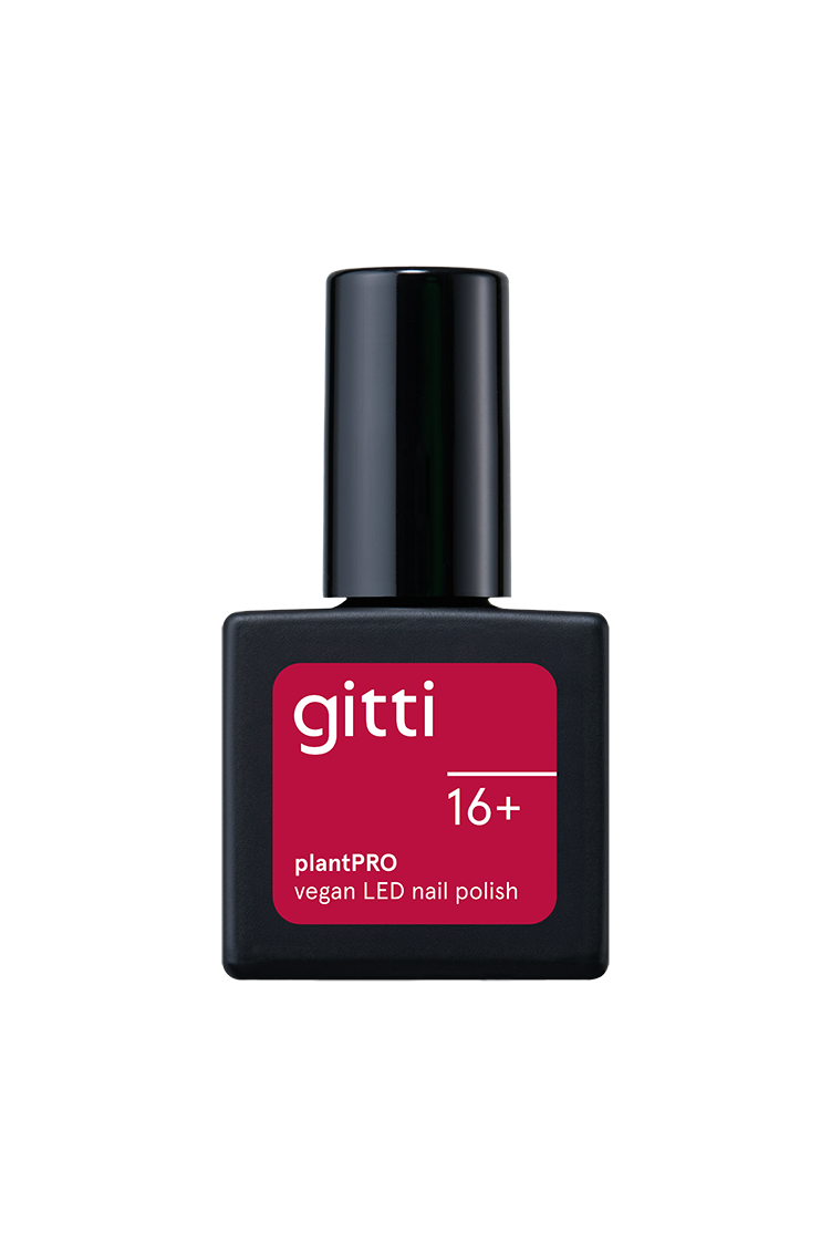 Eine Flasche gitti no. 16+ pflanzlicher, veganer LED-Nagellack mit schwarzer Kappe, rotem Etikett auf der Vorderseite und intensiver rosa Farbe.