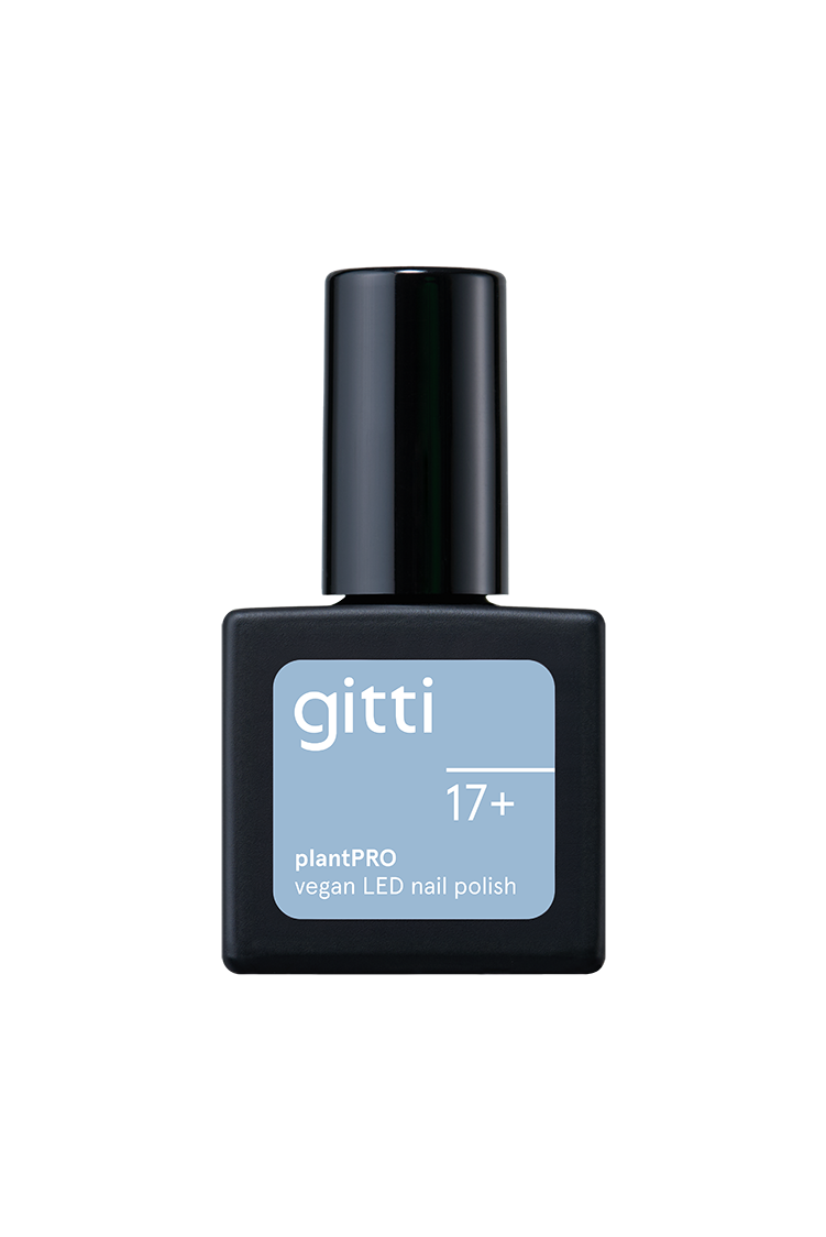 Eine Flasche gitti no. 17+ plantPRO vegan LED Nagellack mit schwarzer Kappe und blauem Etikett in frischem Hellblau.