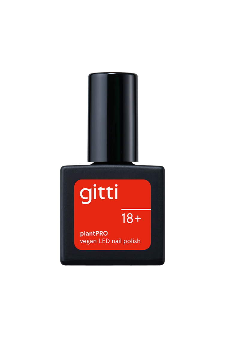 Eine Flasche gitti no. 18+ plantPRO vegan LED Nagellack in einem intensiven Orange-Rot-Ton mit einem roten Etikett mit der Aufschrift gitti 18+ auf der Vorderseite.