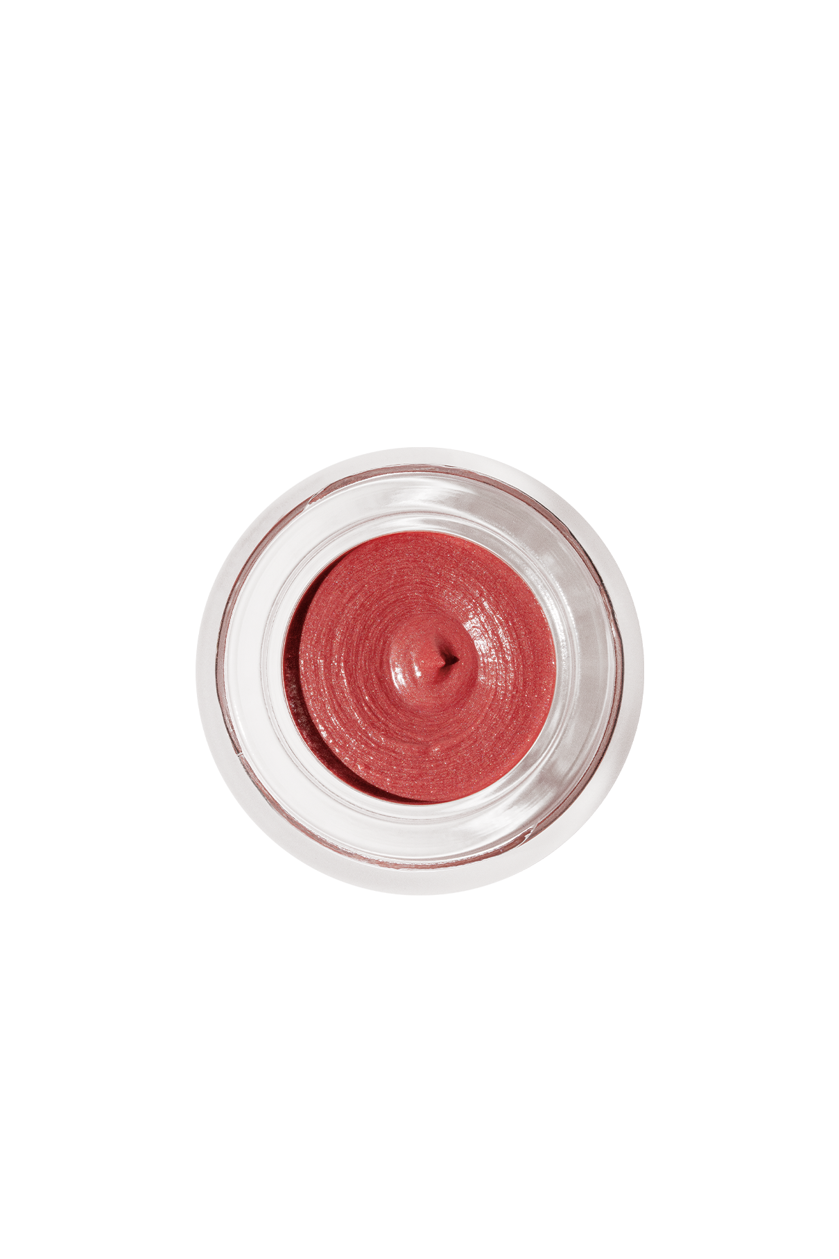 Ein kleines Glasfläschchen von Velvet Cheeks no. 01, ein schimmerndes rosa Mousse-Blush in Beerenrot, von oben betrachtet; das Creme-Makeup ist silikonfrei.