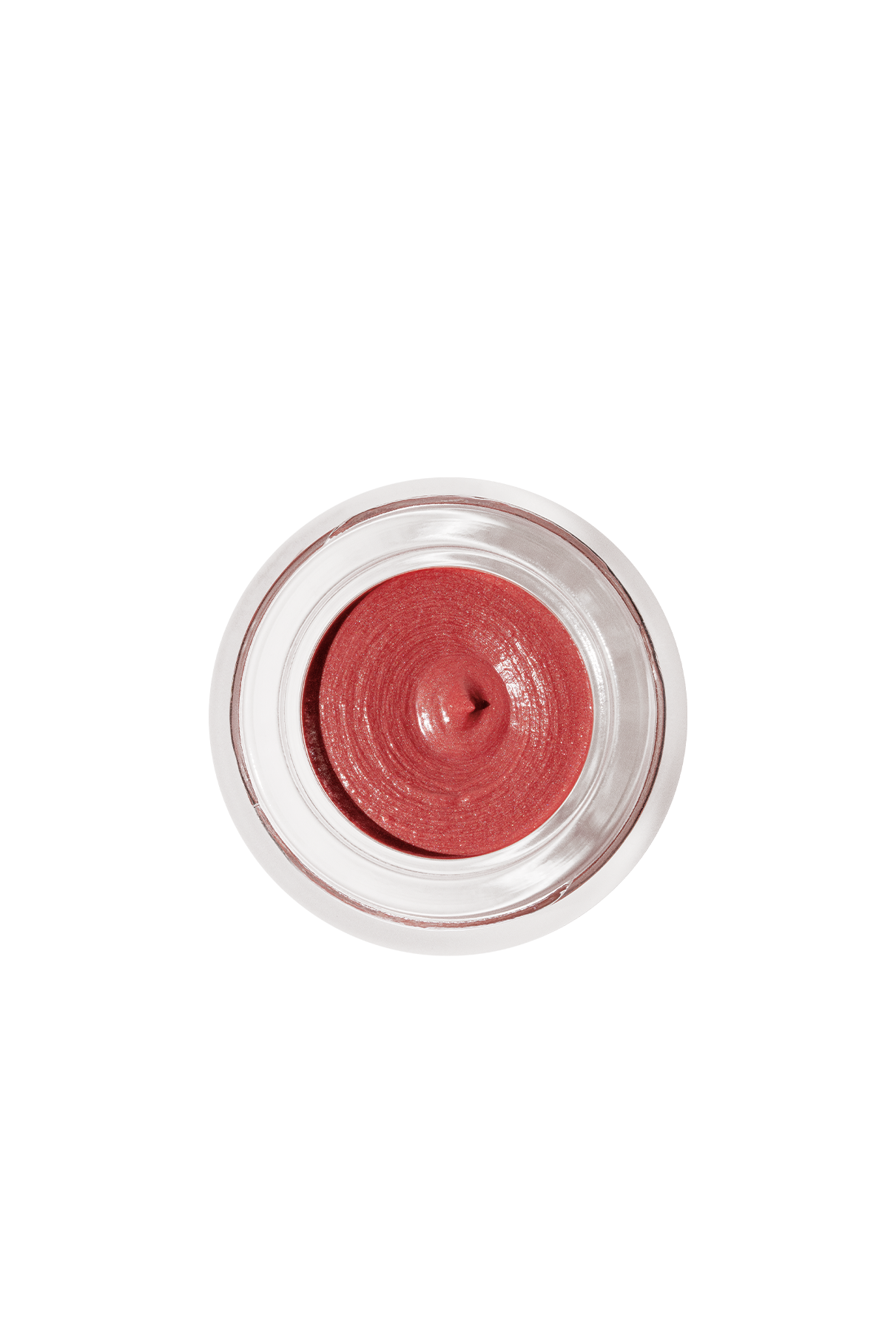 Ein kleines Glasfläschchen von Velvet Cheeks no. 01, ein schimmerndes rosa Mousse-Blush in Beerenrot, von oben betrachtet; das Creme-Makeup ist silikonfrei.