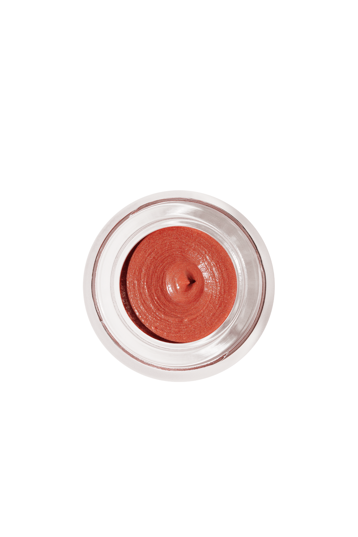 Ein kleines Glasfläschchen mit Velvet Cheeks no. 02, ein schimmerndes, silikonfreies Mousse-Rouge in rosa und korallenorangenen Cremetönen, von oben betrachtet.