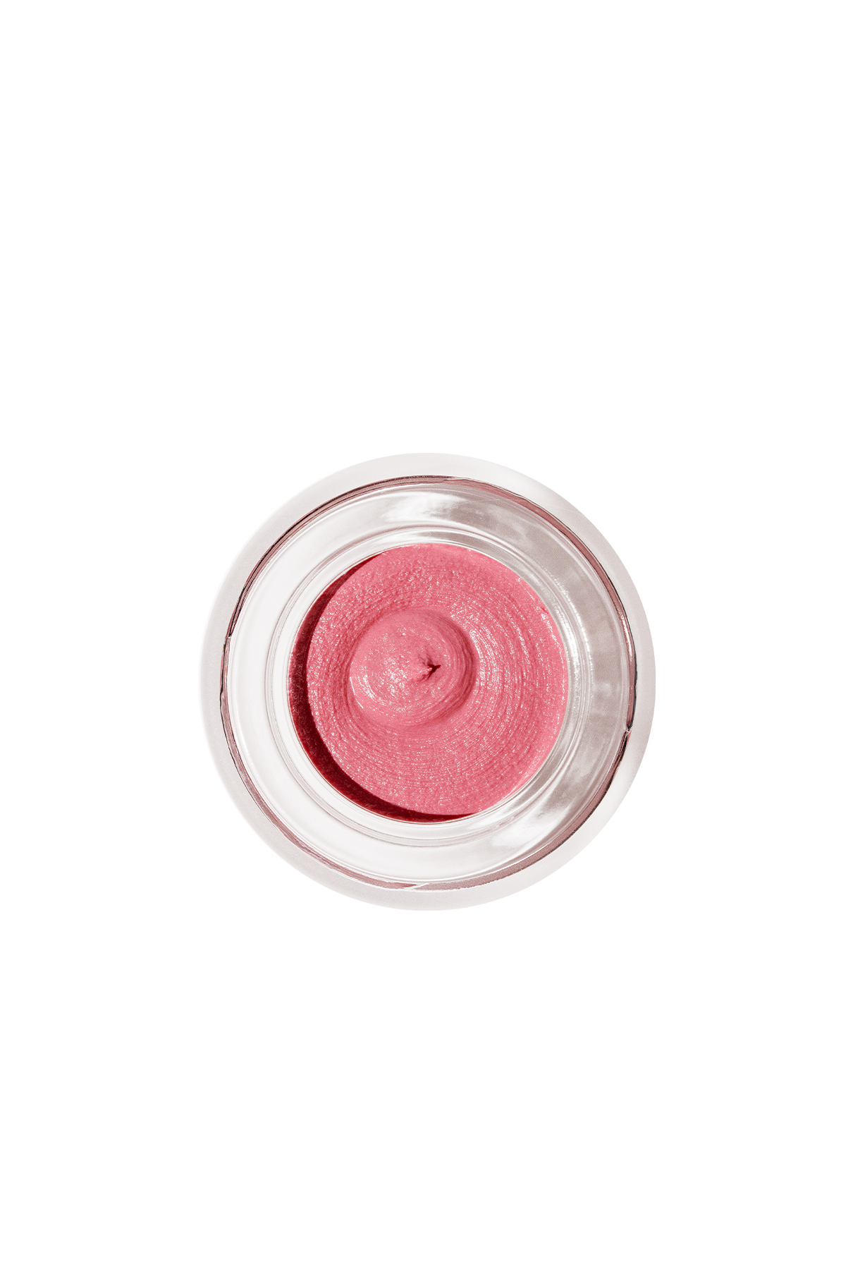 Ein kleiner Glastiegel von Velvet Cheeks no. 03 mousse blush ist von oben auf weißem Hintergrund zu sehen; das silikonfreie rosa Creme-Make-up versprüht einen sanften, zarten Charme.