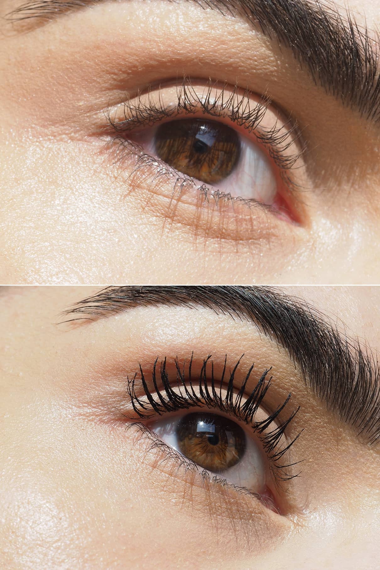 Nahaufnahme eines braunen Auges in zwei Bildern: oben mit natürlichen Wimpern, unten mit längeren, volleren Wimpern, die durch Eye Level Mascara verstärkt wurden.