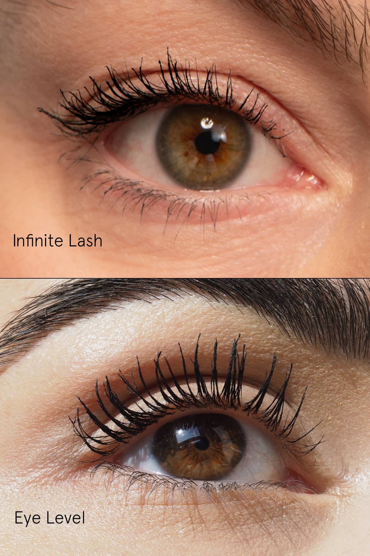 Nahaufnahme zweier brauner Augen mit Make-up, beschriftet mit Infinite Lash und Eye Level, die unterschiedliche Wimpernlängen und Mascara-Effekte hervorheben - perfekt, um die Ergebnisse Ihres bevorzugten Augenfarben-Sets zu präsentieren.