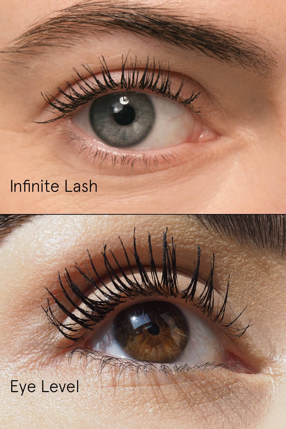 Nahaufnahme zweier Augen mit Mascara aus dem Lash Duo Set; oben mit Infinite Lash, unten mit Eye Level beschriftet, um die Unterschiede in Wimpernlänge und -volumen zu verdeutlichen.