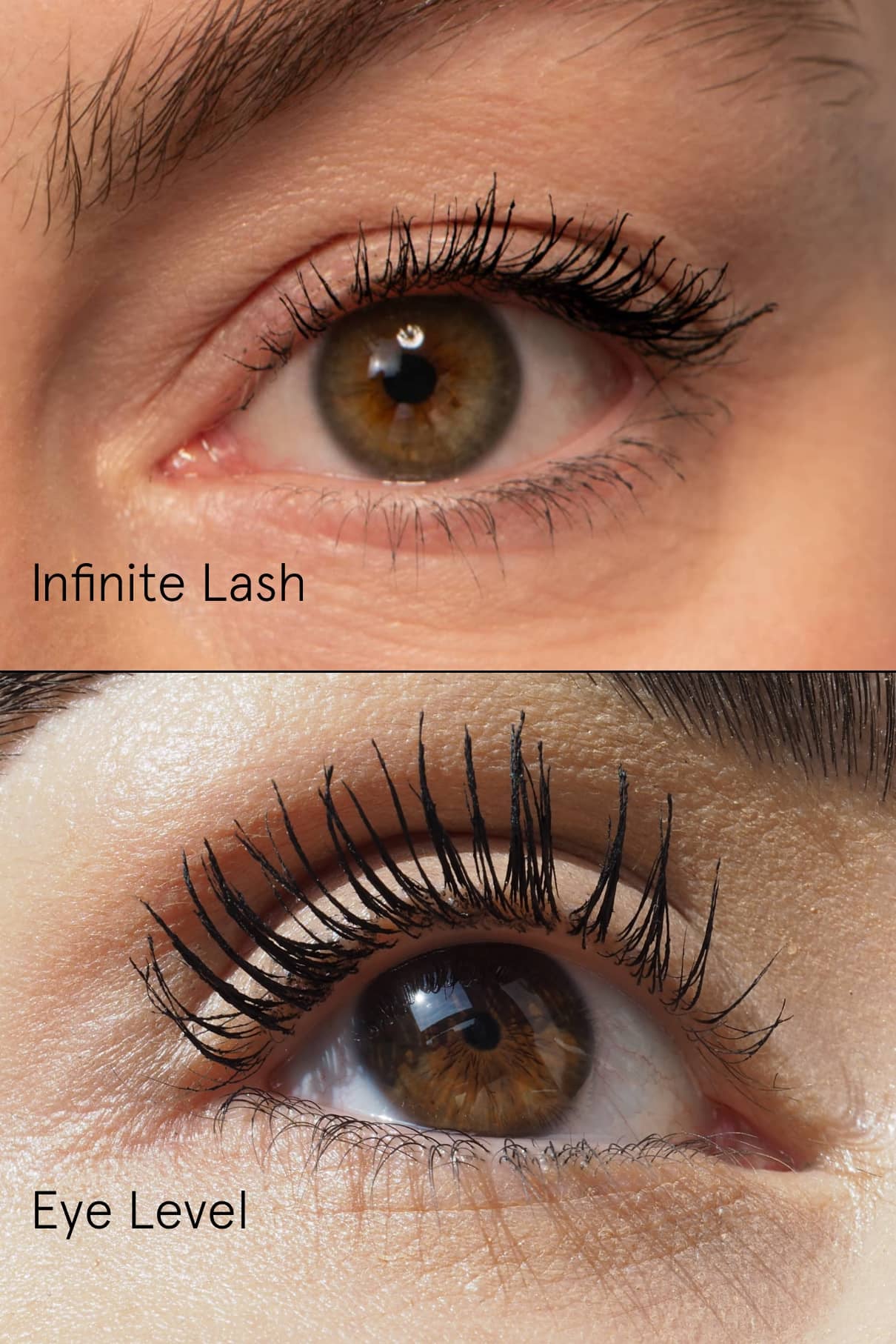 Nahaufnahme zweier Augen mit aufgetragener Lash Duo Mascara, oben mit Infinite Lash und unten mit Eye Level beschriftet - sehen Sie, welches Set den kräftigeren Look erzeugt.