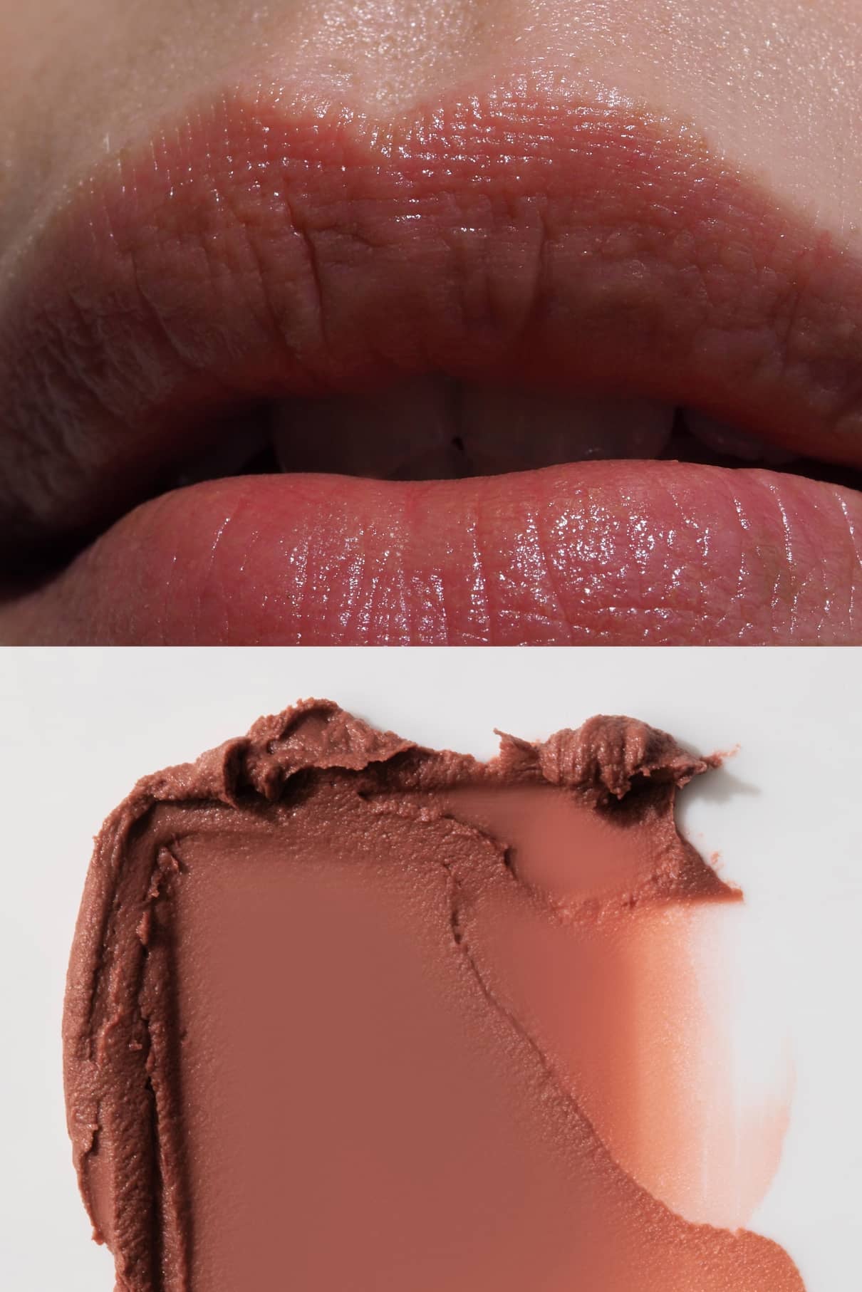 Nahaufnahme der Lippen mit dem matten, nudefarbenen Lippenstift Celebration Trio, darunter ein passender Abstrich auf einer weißen Fläche - nahtlos kombiniert mit dezenter Mascara für ein makelloses Finish.