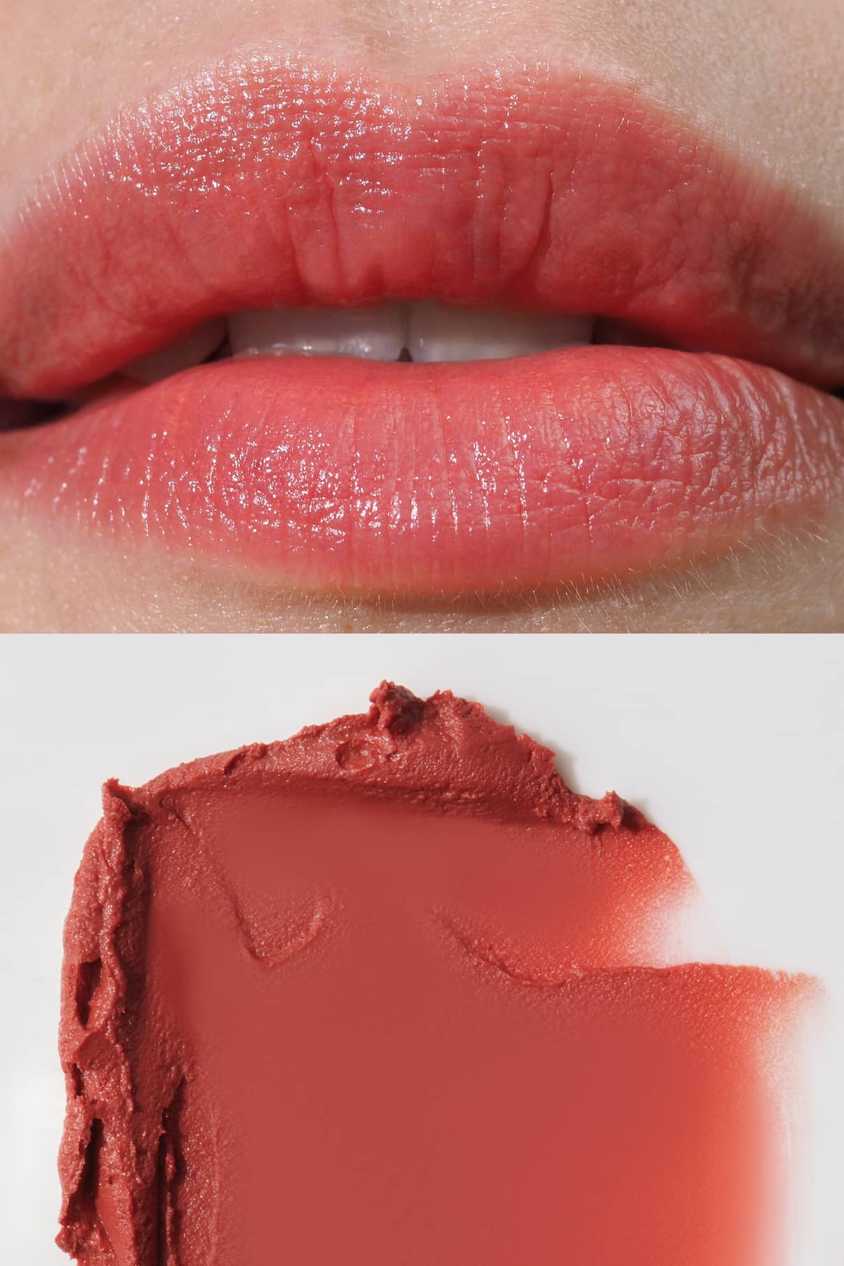 Nahaufnahme von Lippen in einem glänzenden Korallenrot-Ton aus dem Celebration Trio, kombiniert mit Visionist Lidschatten; darunter ist ein Muster derselben Lippenstiftfarbe auf einer weißen Fläche zu sehen.