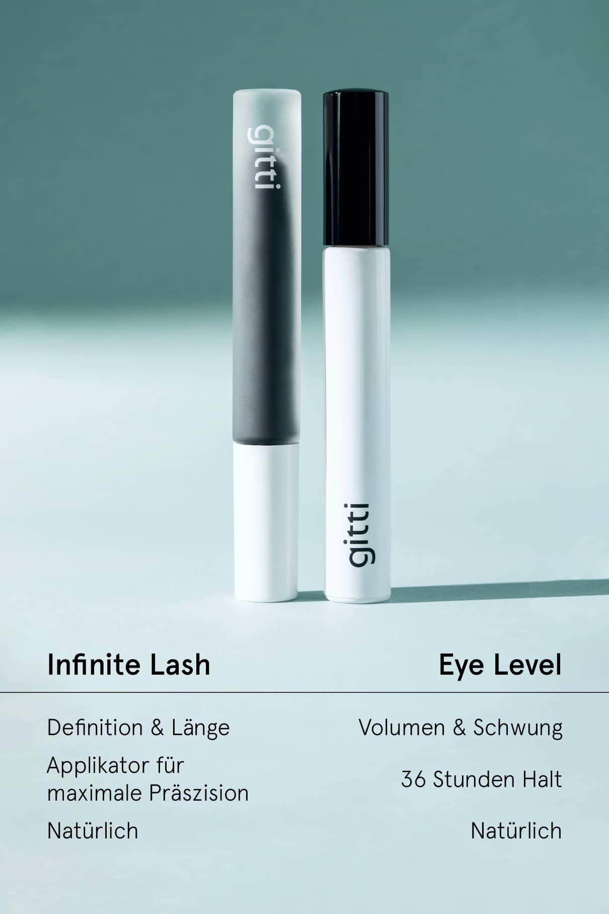 Zwei Eye Colour Set Mascara-Tuben stehen aufrecht auf einer hellblauen Fläche; Produktmerkmale und Details zu Visionist Lidschatten sind unten aufgeführt.