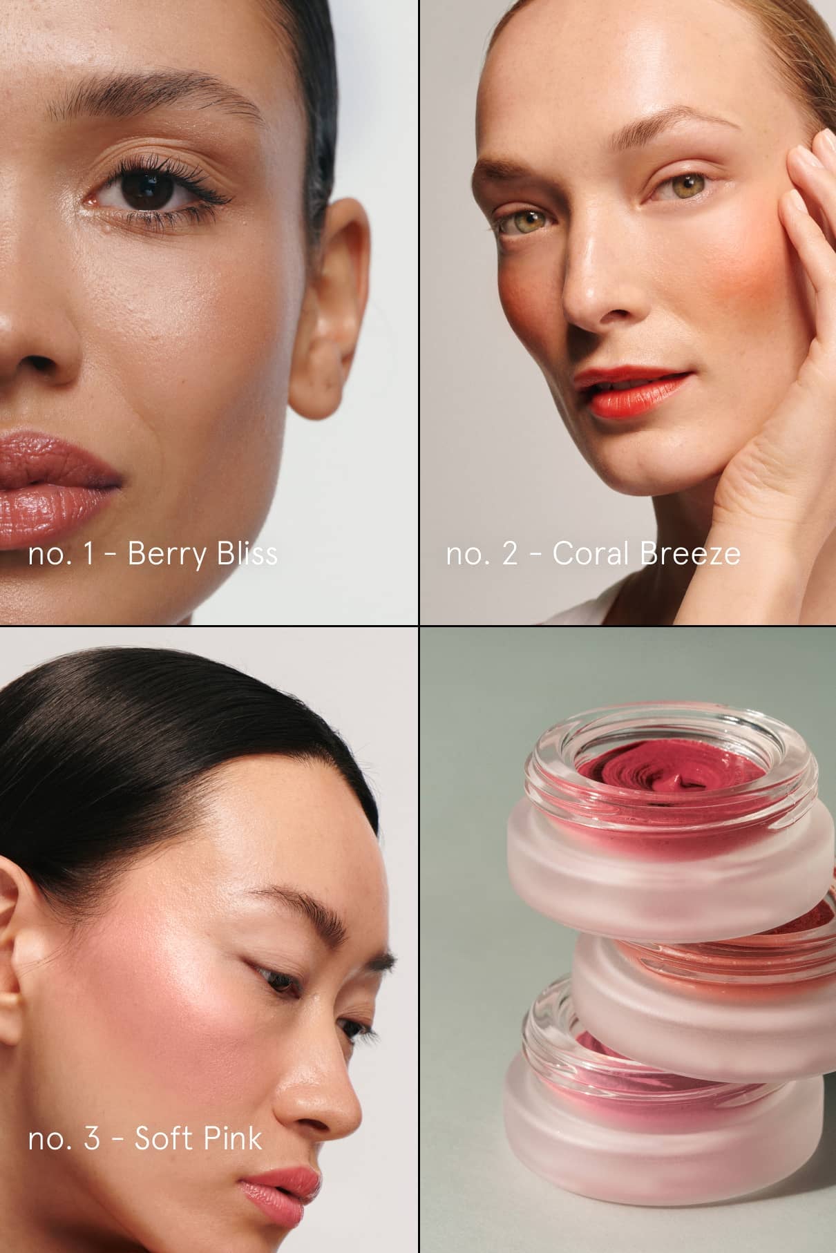 Collage von drei Frauen in den Rougetönen des Summer Glow Set (Berry Bliss, Coral Breeze, Soft Pink), eine Nahaufnahme der gestapelten Behälter und ein Hauch von Hydra Nail Oil für zusätzlichen Glow.