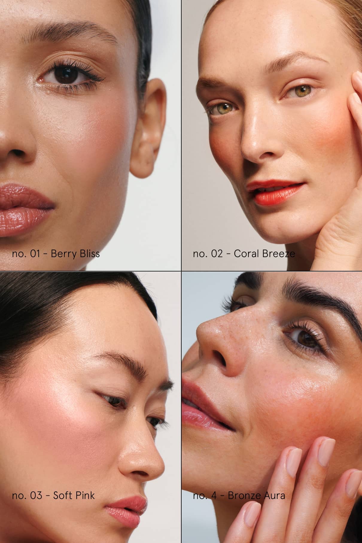 Collage von vier Frauen, die jeweils einen anderen Farbton des Signature Set Blush tragen: Nr. 01 - Berry Bliss, no. 02 - Coral Breeze, Nr. 03 - Soft Pink, und Nr. 04 - Bronze Aura.