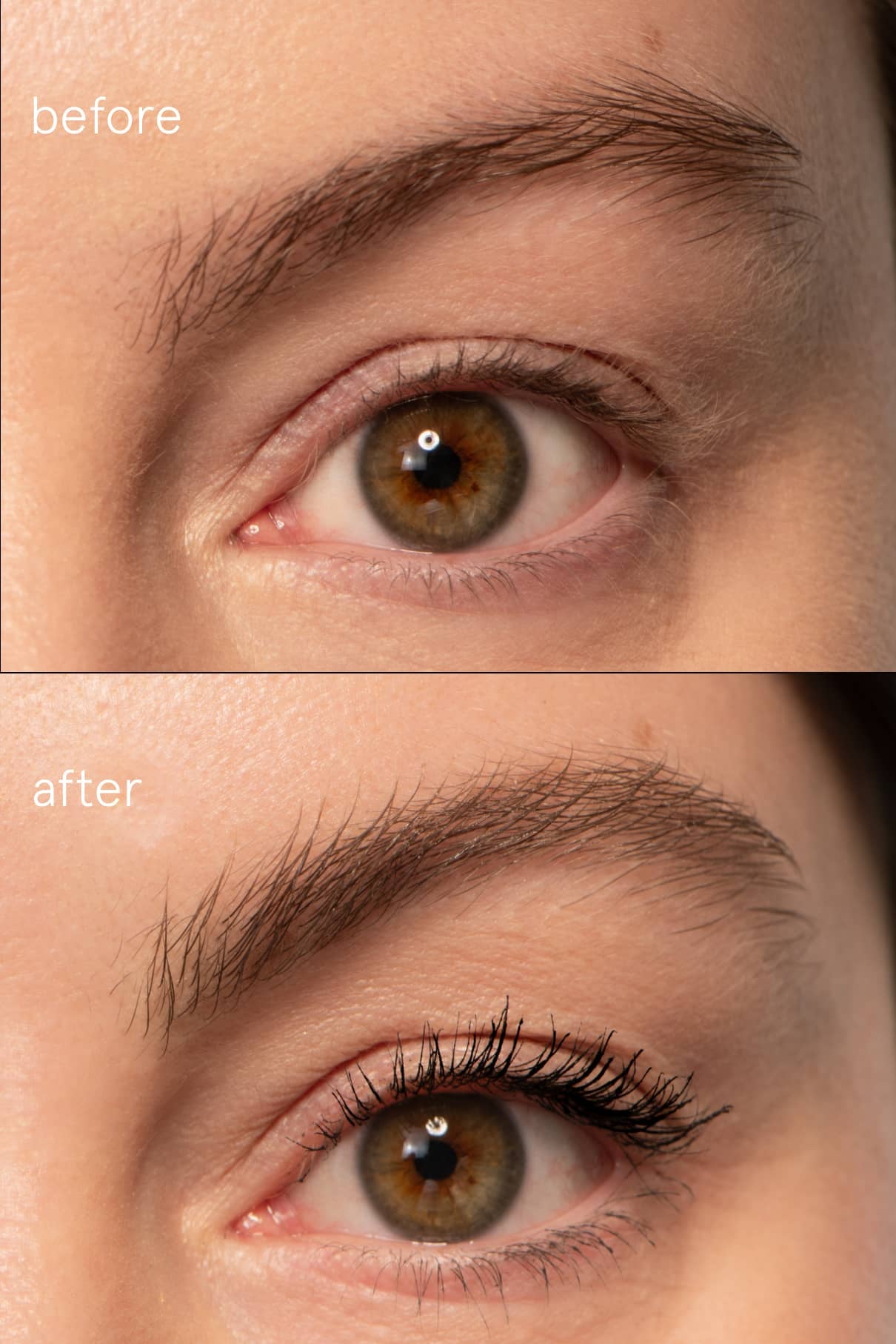 Nahaufnahme des Auges einer Person in zwei Bildern: vorher mit natürlichen Wimpern und Augenbrauen und nachher mit Signature Set, das auf die Wimpern aufgetragen wurde und sie verstärkt und die Augenbrauen leicht gepflegt erscheinen lässt.
