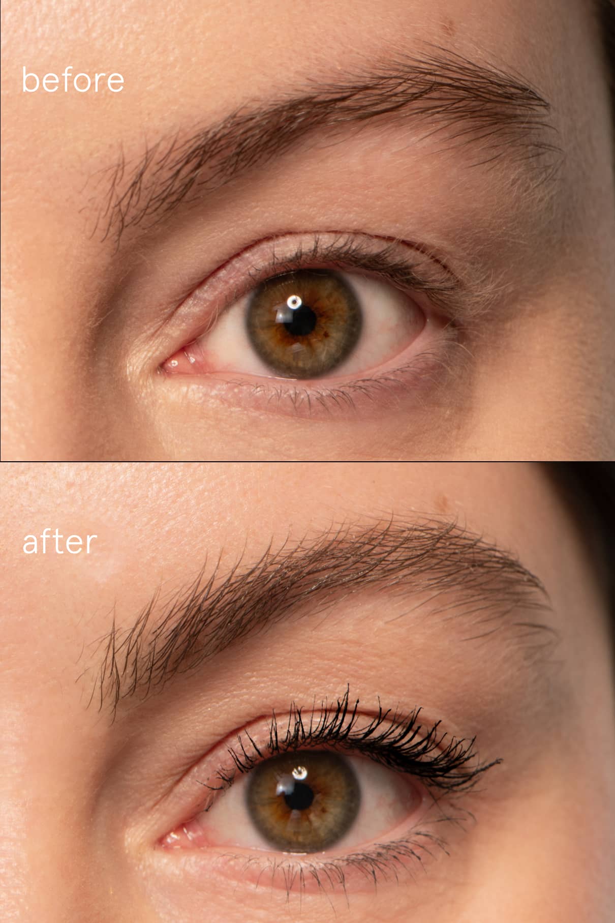 Nahaufnahme des Auges einer Person in zwei Bildern: vorher mit natürlichen Wimpern und Augenbrauen und nachher mit Signature Set, das auf die Wimpern aufgetragen wurde und sie verstärkt und die Augenbrauen leicht gepflegt erscheinen lässt.