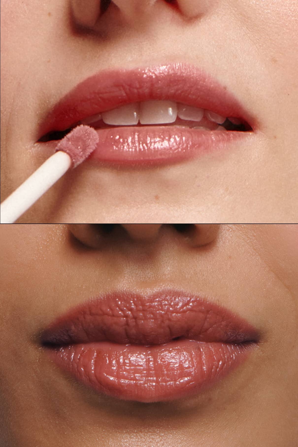 Nahaufnahme einer Person, die Lip Glaze no. 01 für ein hochglänzendes Finish auf die Lippen aufträgt, wobei die Ergebnisse vorher und nachher nebeneinander gezeigt werden.