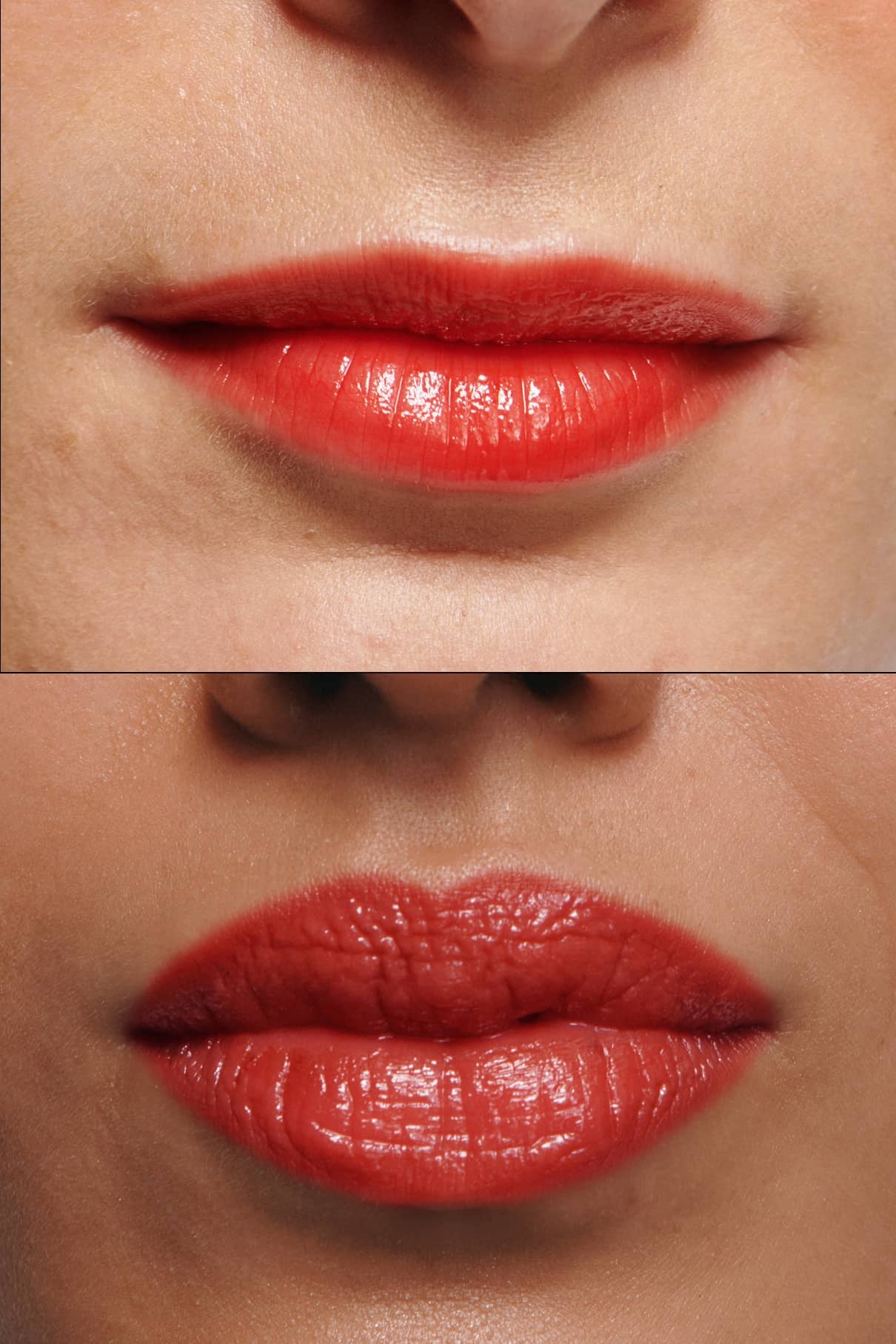 Nahvergleich zweier Lippenpaare mit Lip Glaze no. 02: Das obere Paar zeigt glatte, hochglänzende Lippen, während das untere Paar einen strukturierten, definierten Look zeigt.
