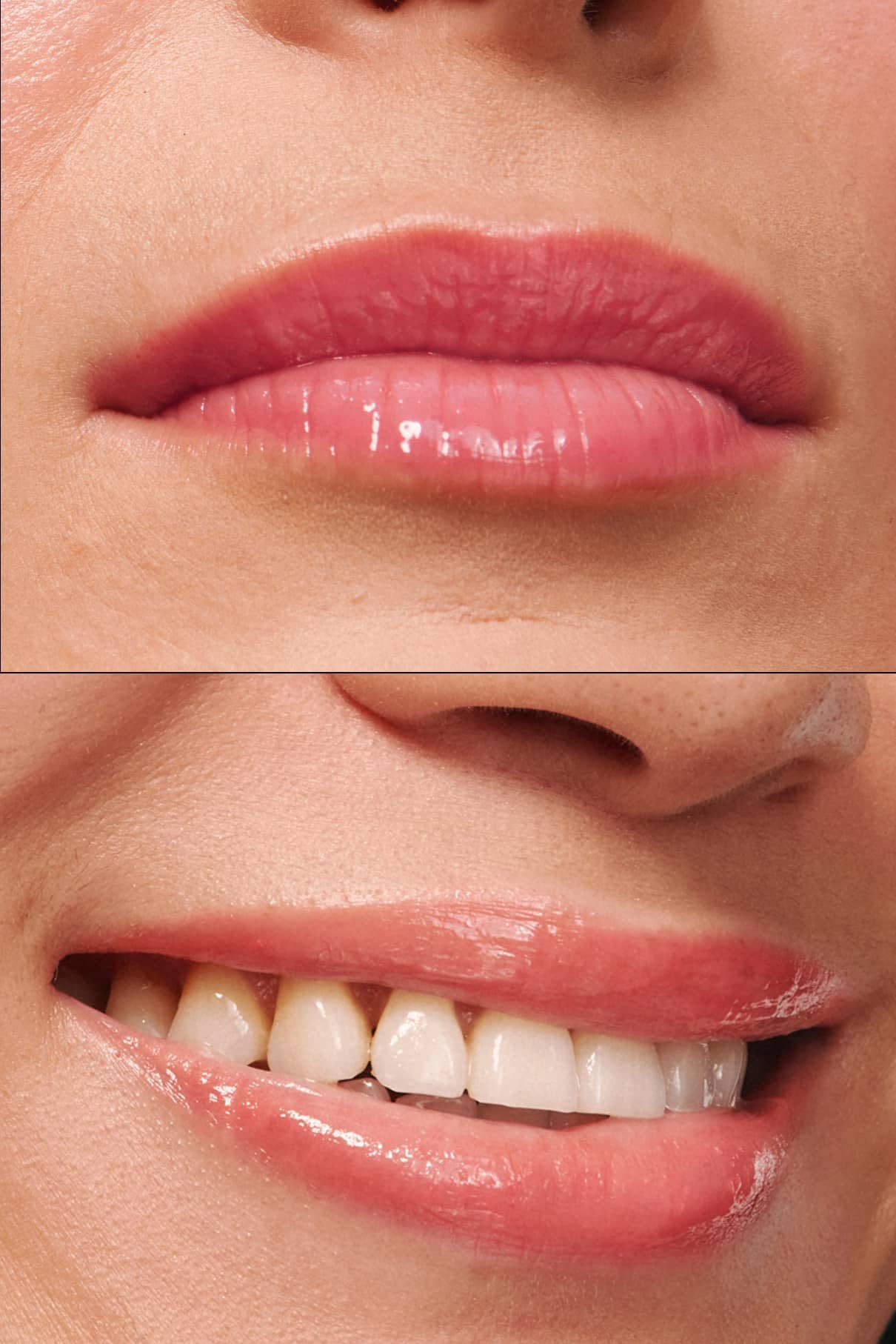 Nahaufnahme der Lippen einer Person, die mit Lip Glaze Nr. 03 für ein hochglänzendes Finish. Das obere Bild zeigt geschlossene Lippen, während das untere Bild ein strahlendes Lächeln und einen glänzenden Teint zeigt.
