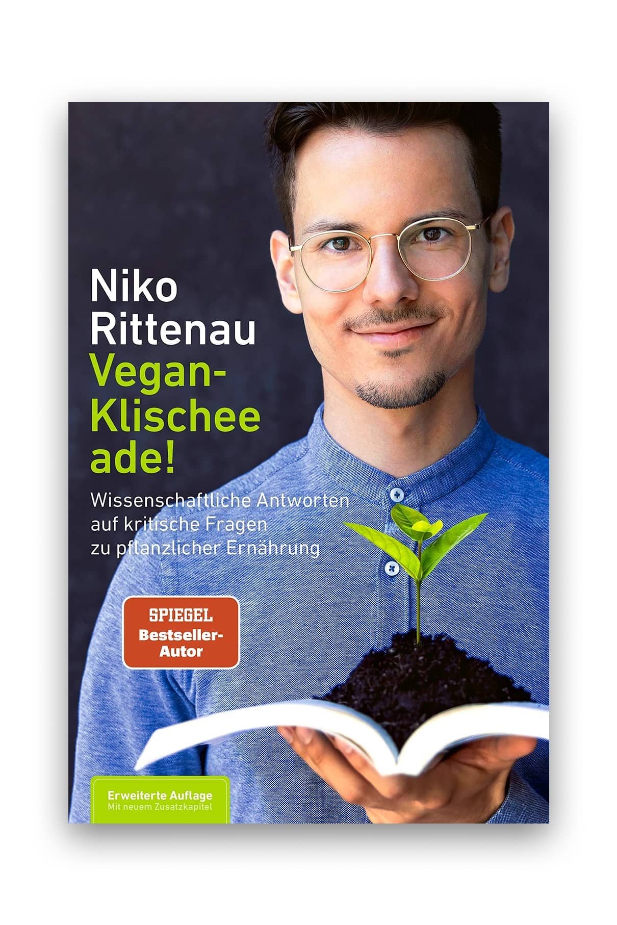 Das Buchcover von Vegan-Klischee ade! zeigt eine Person mit einem aufgeschlagenen Buch, auf dessen Seiten eine aus der Erde sprießende Pflanze zu sehen ist, die evidenzbasiertes Wissen über vegane Ernährung symbolisiert.