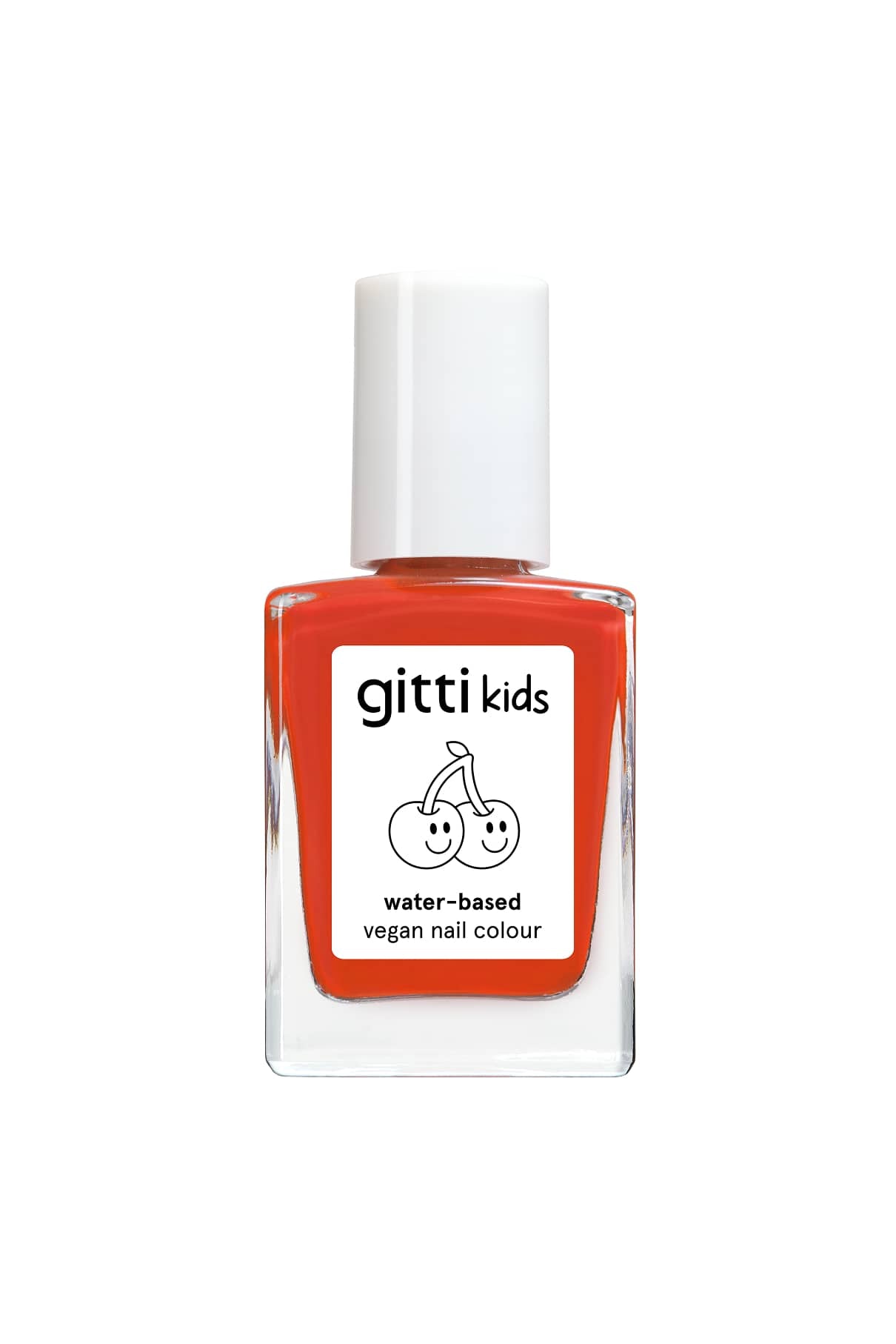 Eine Flasche gitti kids no. 02 auf Wasserbasis, vegane kinderfreundliche Nagelfarbe mit einer Kirschen-Illustration auf dem Etikett.