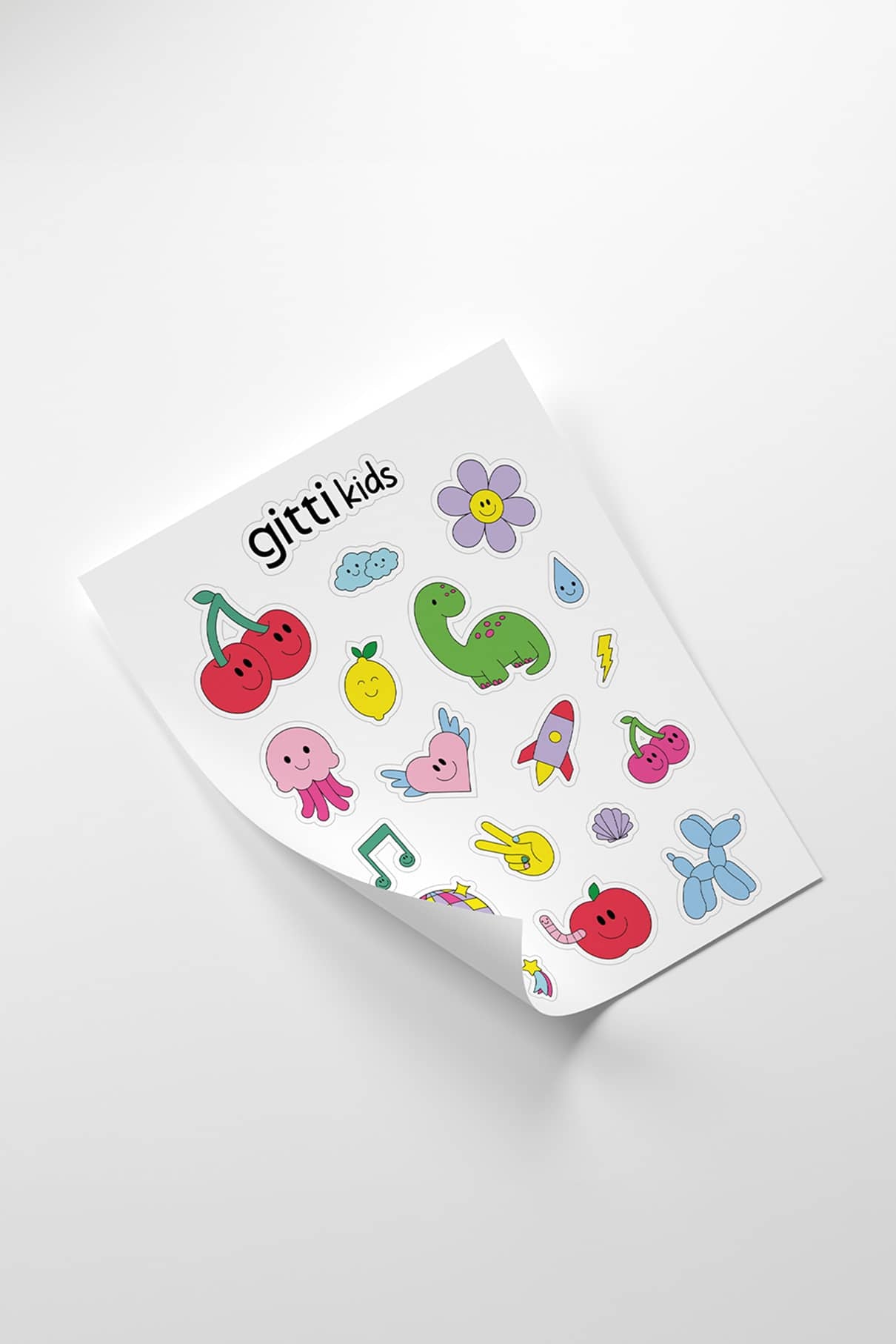 Der gitti kids Stickerbogen zeigt ein exklusives Design mit bunten Kirschen, Tieren, Blumen, Früchten und verspielten Motiven auf weißem Hintergrund.