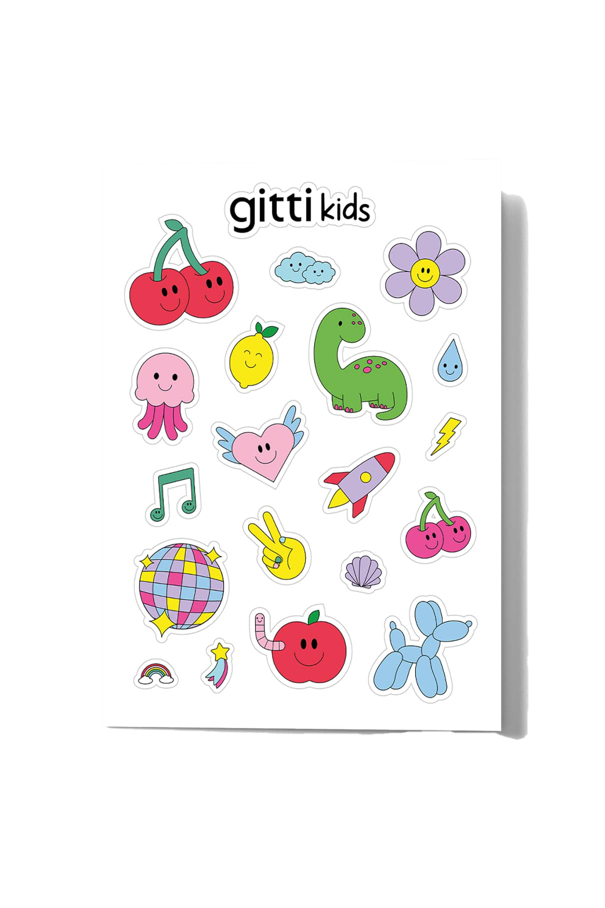 Der gitti kids Stickerbogen bietet ein exklusives Design mit verspielten Stickern wie Kirschen, Dinosaurier, Blume, Qualle, Rakete, Musiknote, Discokugel, Ballonhund und mehr.