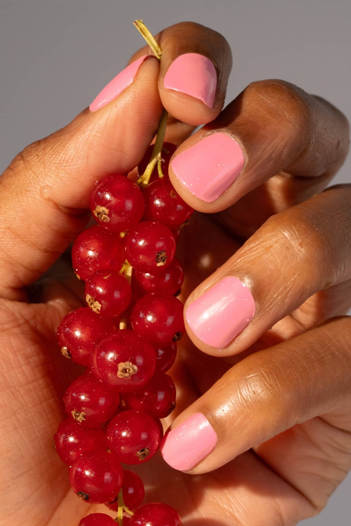 Eine Hand hält einen Strauß roter Johannisbeeren, deren glänzende Beeren mit dem leuchtenden Rosa von gitti no. 007.