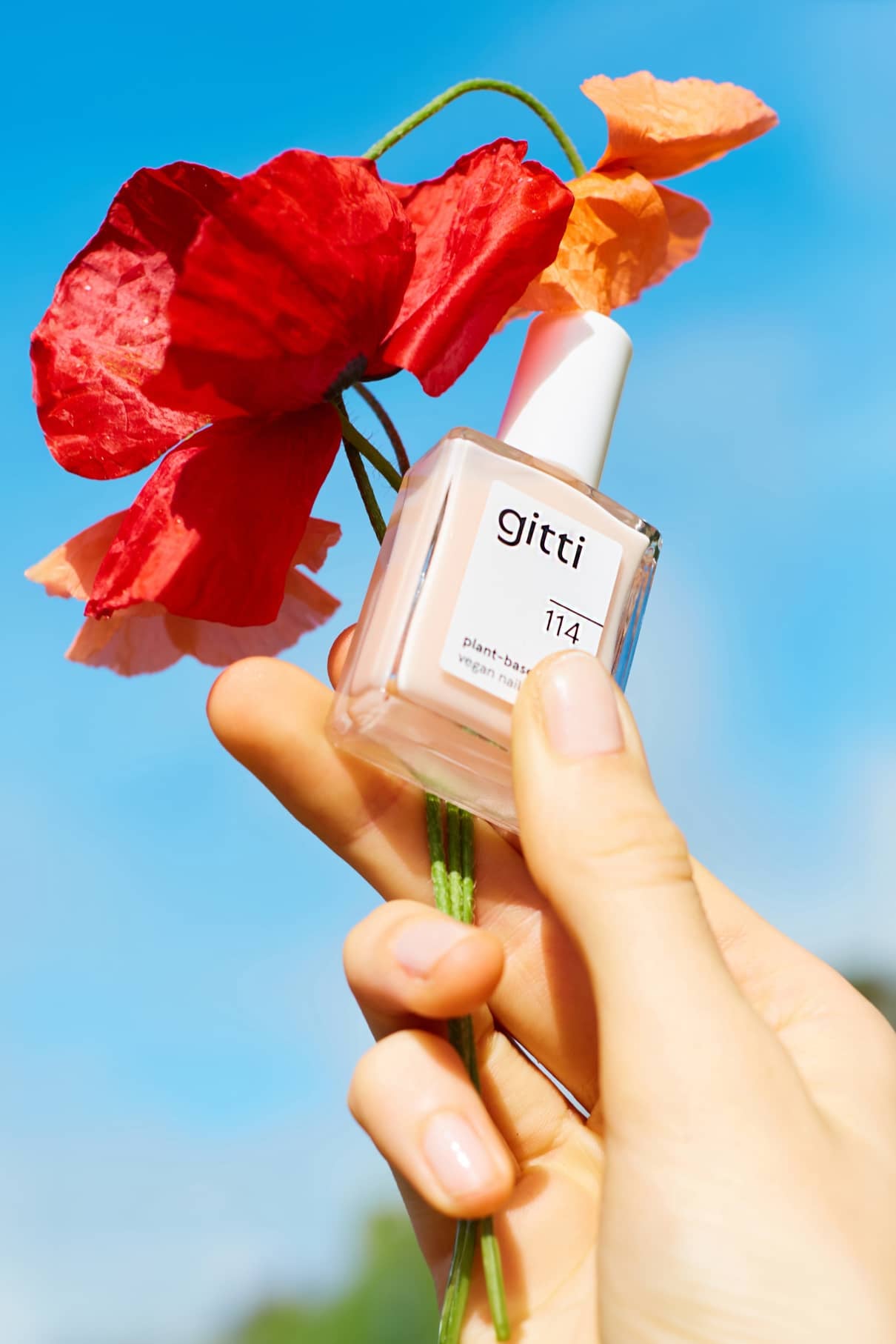 Eine Hand hält eine Flasche mit Gitti No. 114 Nagellack mit roten Mohnblumen vor einem blauen Himmel.
