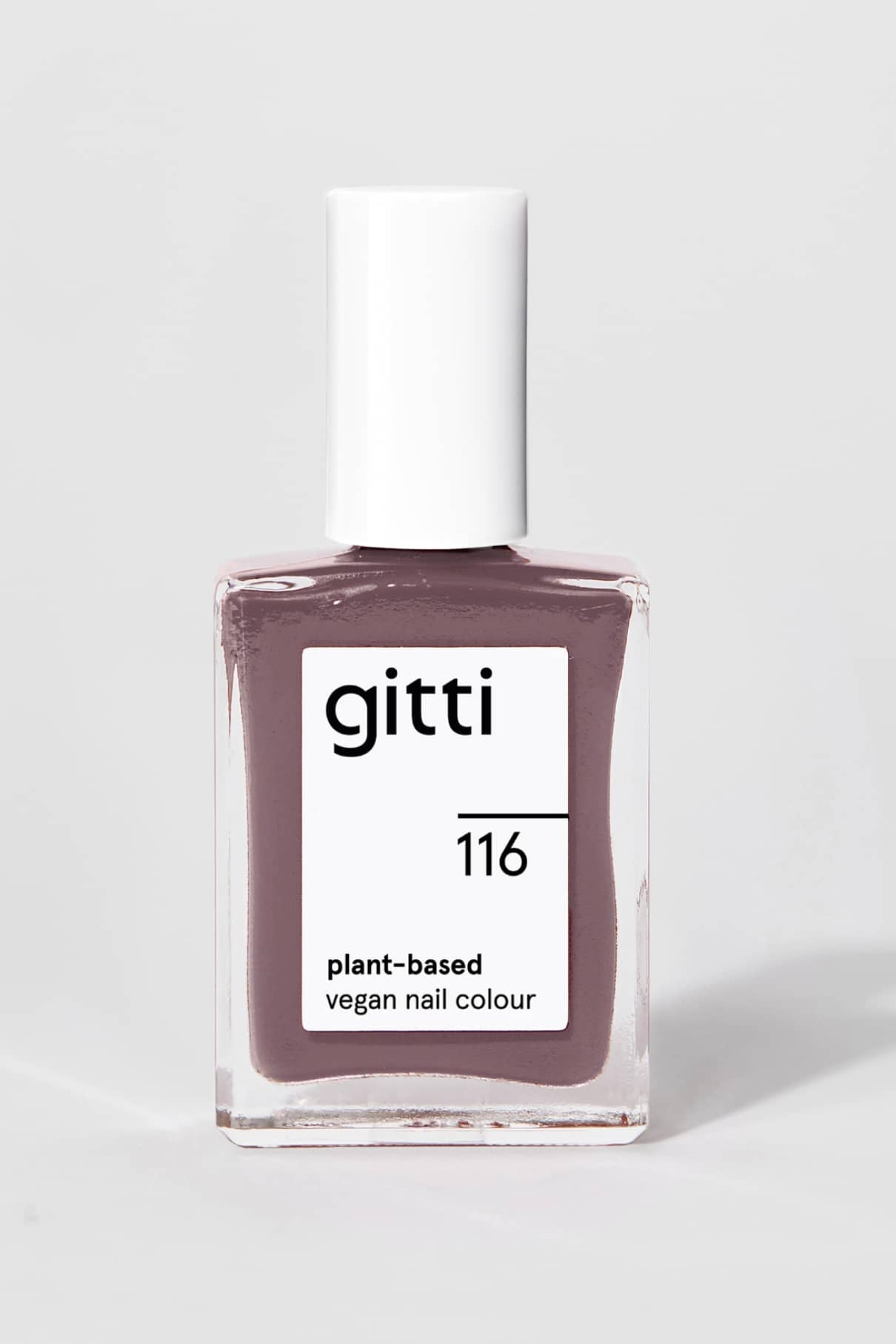 Eine Flasche gitti no. 116 pflanzliche vegane Nagelfarbe, ein Mauve-Ton mit violettem Unterton und weißer Kappe, ist vor einem einfarbigen Hintergrund abgebildet.