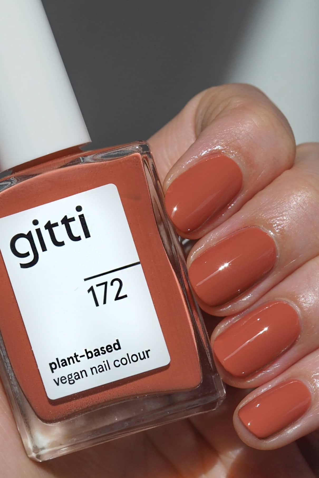Eine Hand mit sauber manikürten Nägeln in sanftem Terrakotta-Rot mit warmen Untertönen hält eine Flasche gitti no. 172 vegane Nagelfarbe auf Pflanzenbasis.