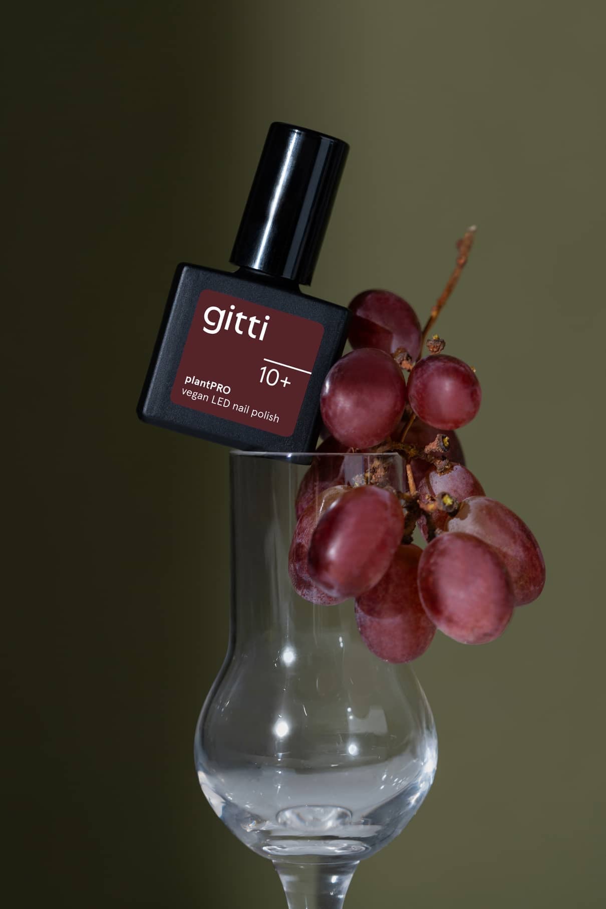 Eine Flasche Gitti No. 10+ ruht auf einer Traube roter Weintrauben in einem klaren Weinglas vor einem schlichten olivgrünen Hintergrund.