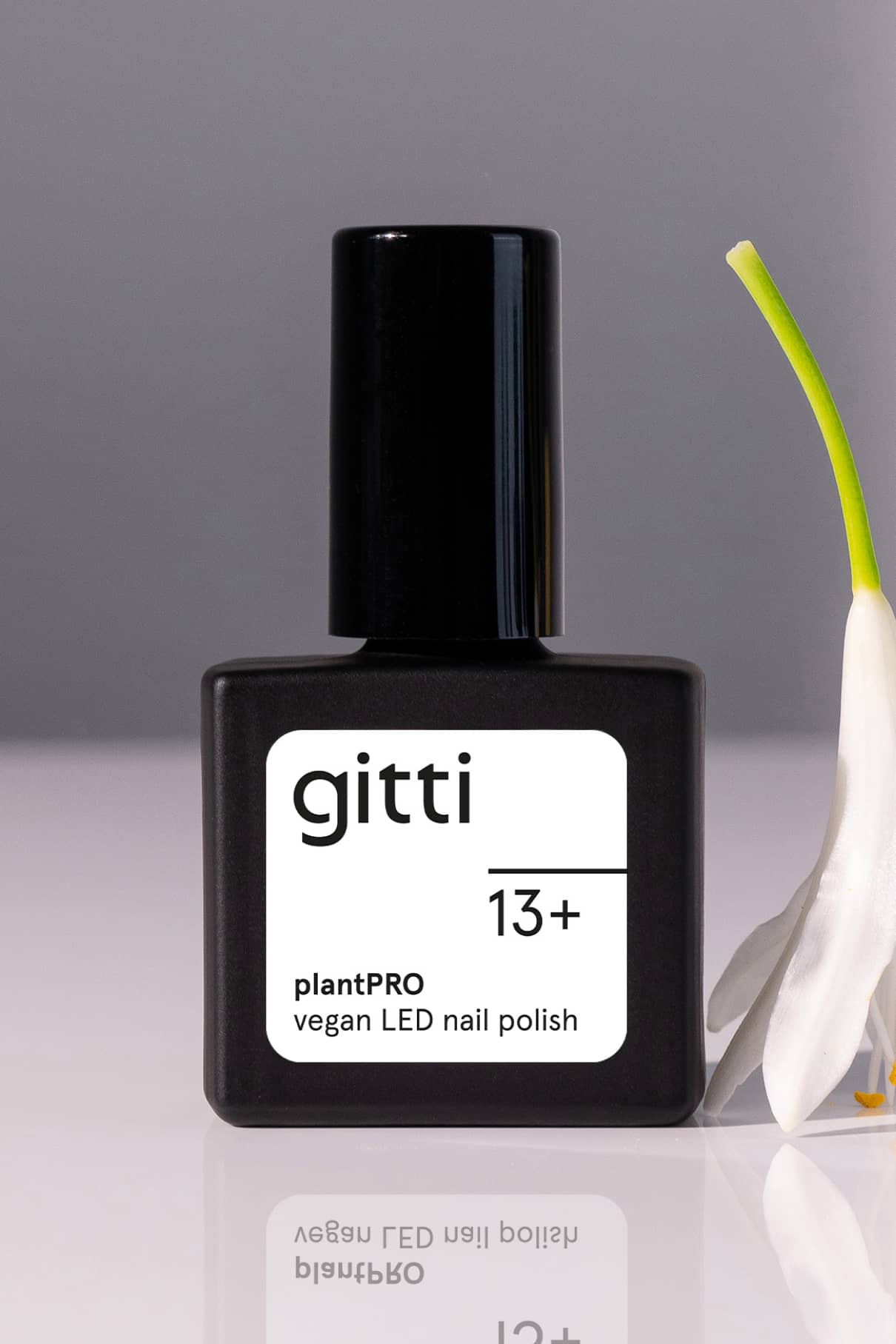 Ein schwarzes Fläschchen mit gitti no. 13+ plantPRO vegan LED Nagellack in klares Weiß steht neben einer weißen Blume auf einer spiegelnden Fläche.