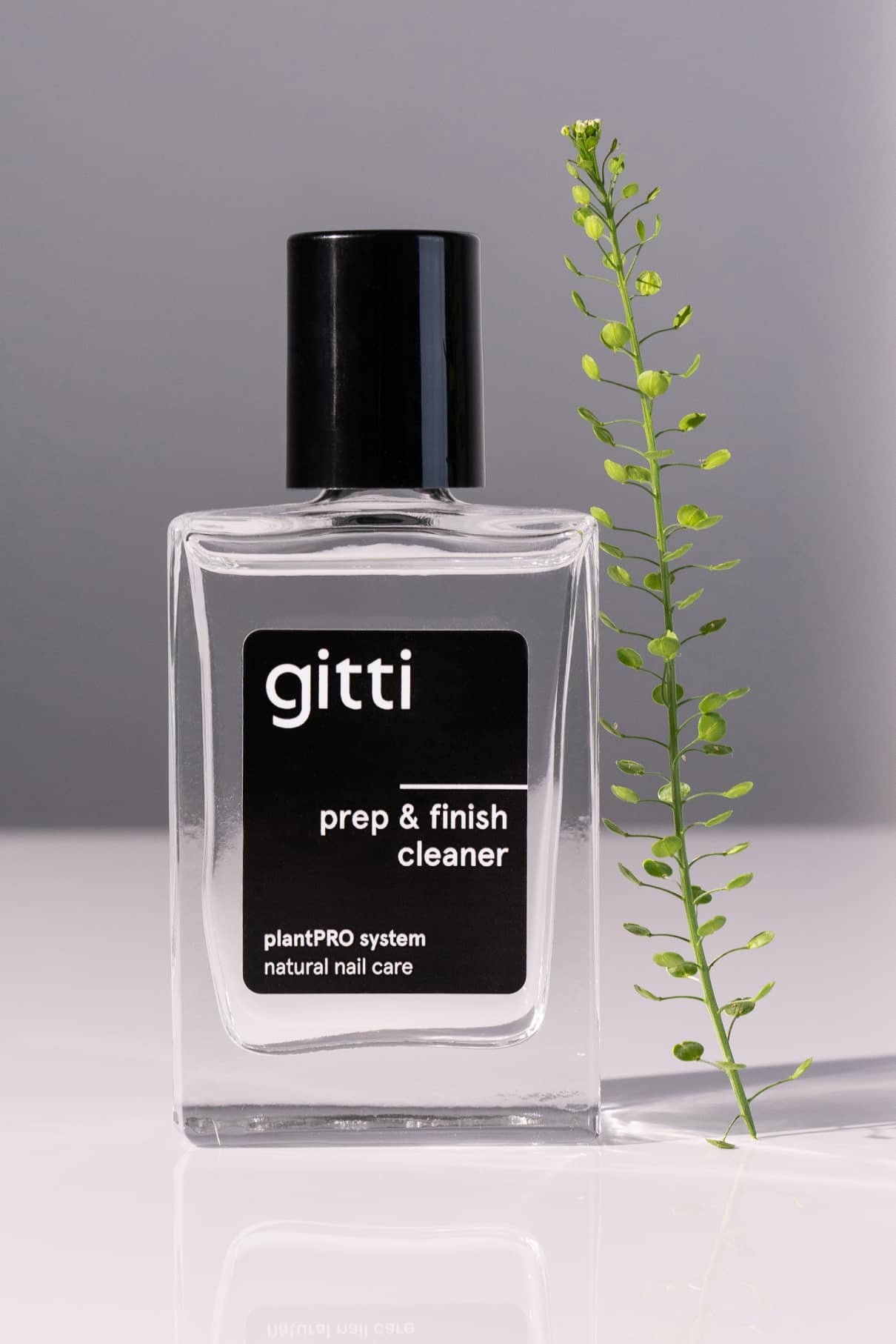 Eine Klarglasflasche mit Prep & Finish Cleaner für natürliche 2-in-1-Nagelpflege und -reinigung steht neben einem grünen Pflanzenstamm auf einer hellen Fläche mit grauem Hintergrund.