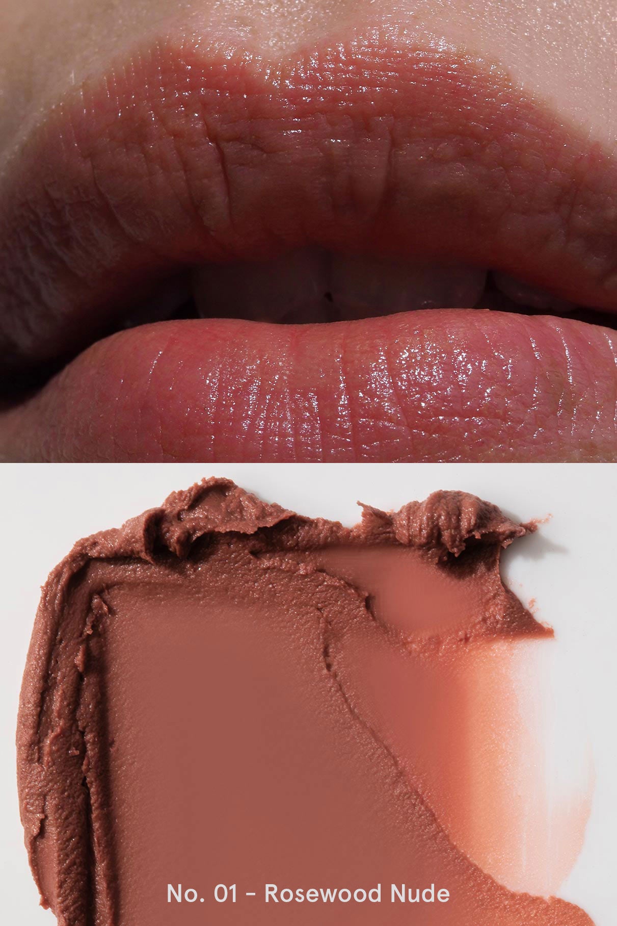 Nahaufnahme der Lippen, die Nails + Lips in Sync in No. 01 - Rosewood Nude tragen. Perfekt abgestimmt auf Ihr Lip Sync Case und bereit, Ihre passende Nagelfarbe und Farbe nach Wahl zu ergänzen.