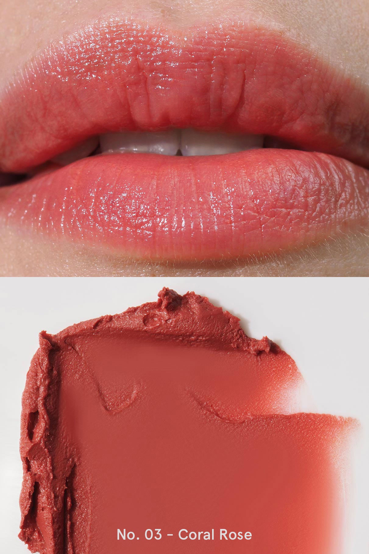 Nahaufnahme der Lippen, die den korallenroten Lippenstift tragen, der über einem Muster mit der Aufschrift "No. 03 - Coral Rose" abgebildet ist. Perfekt zu kombinieren mit Ihrem Nails + Lips in Sync Set für einen koordinierten Look.