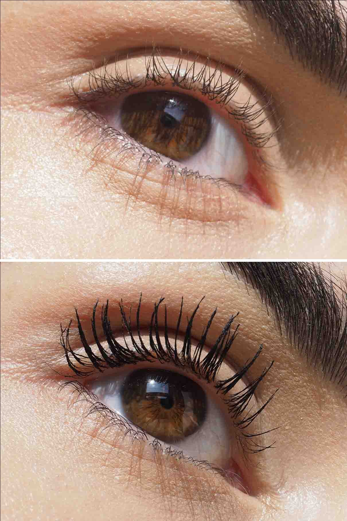 Nahaufnahme eines braunen Auges in zwei Bildern: oben ohne Mascara und unten nach dem Auftragen von Lash Duo Mascara auf die Wimpern.