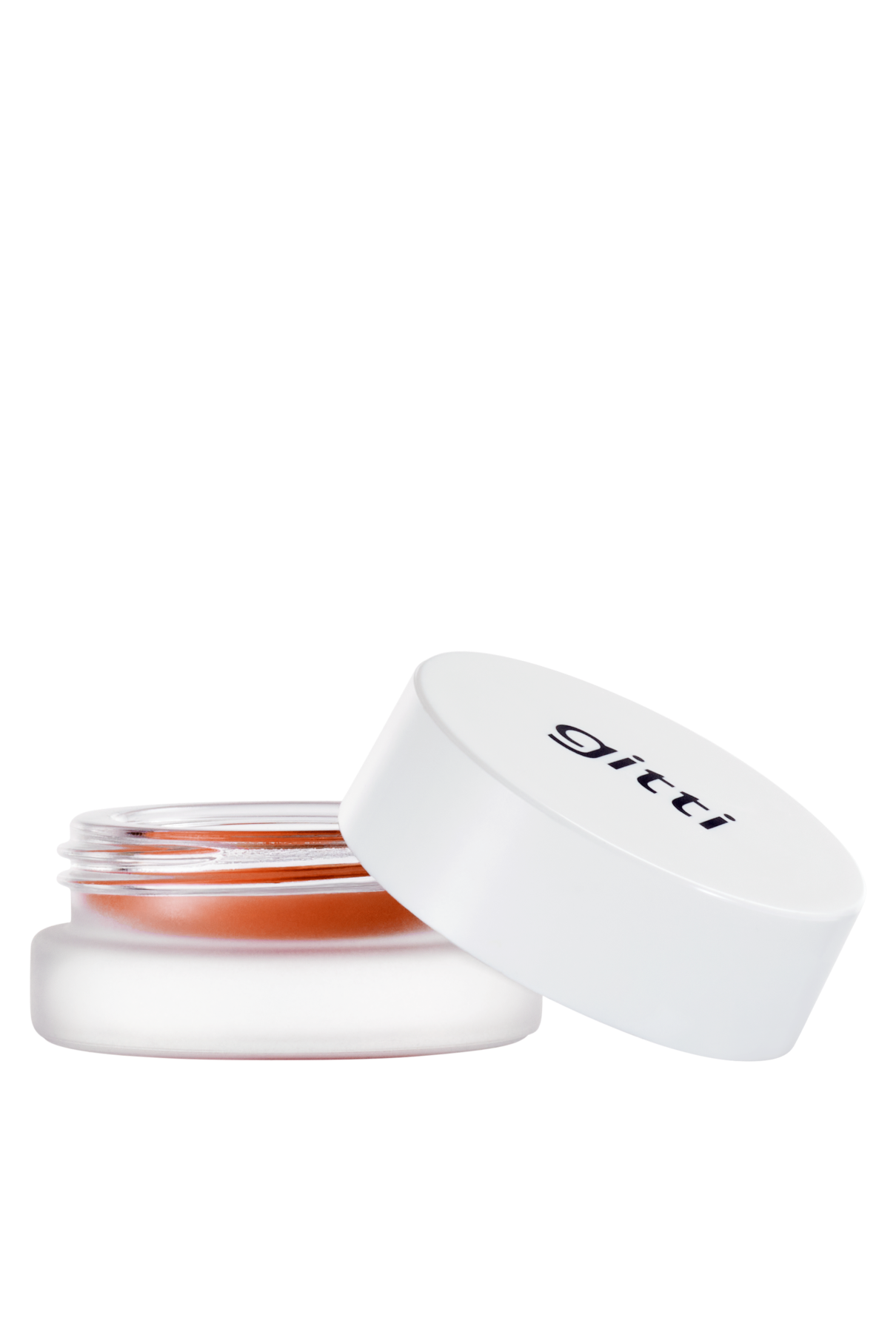 Ein kleiner runder Tiegel mit weißem Deckel und der Aufschrift gitti, der Velvet Cheeks no. 04-ein orangefarbener Mousse-Blush für ein sonnengeküsstes Finish.
