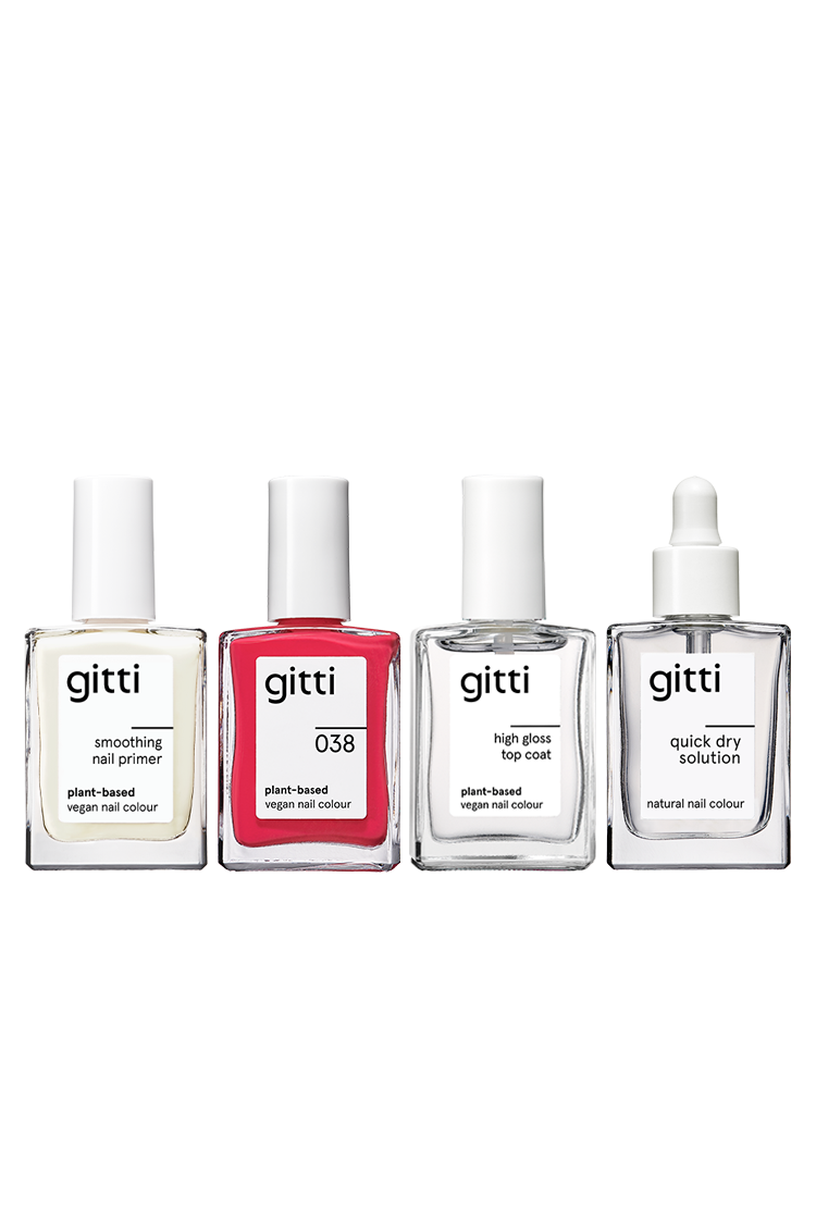 Das Quick Dry Routine-Set mit vier Gitti-Nagelprodukten - Smoothing Nail Primer, rosa Lack, High Gloss Top Coat und Quick Dry Solution - wird in einer Reihe vor einem weißen Hintergrund präsentiert.