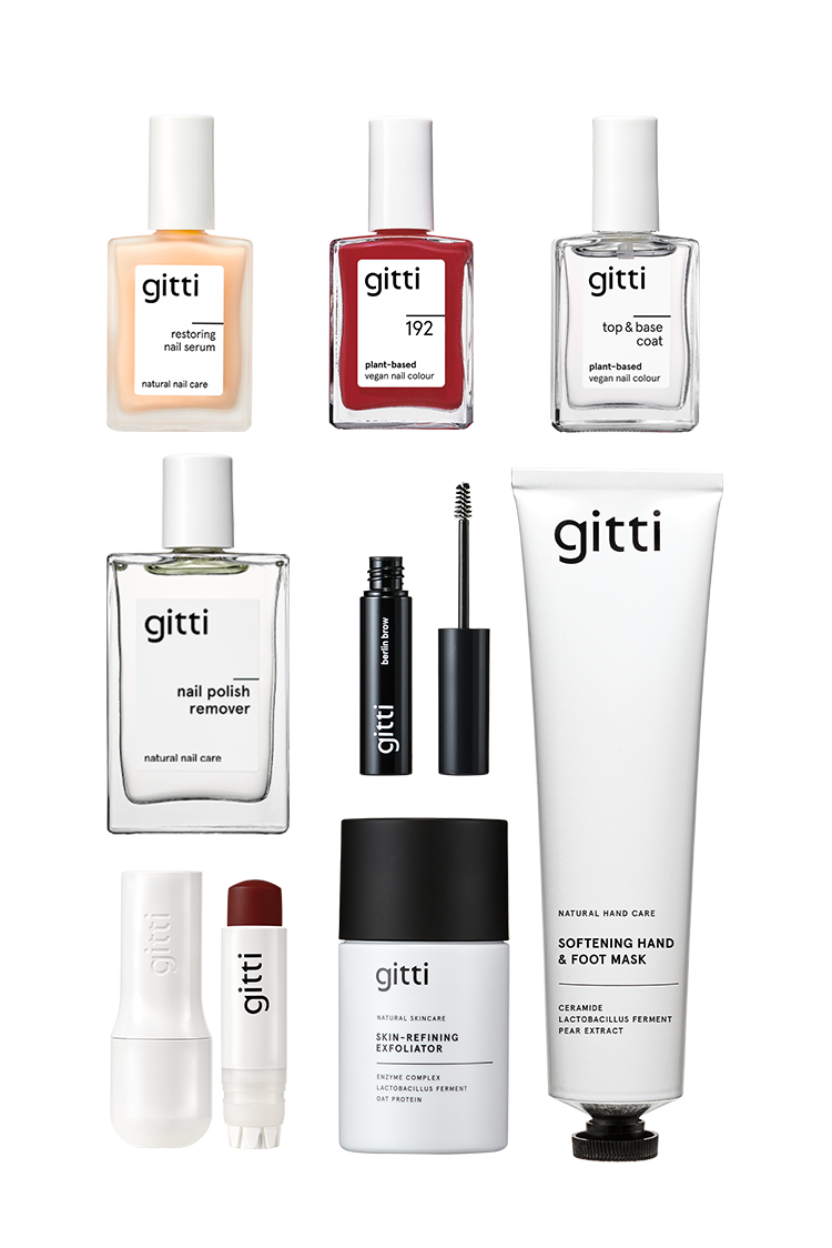 Entdecke die exklusive Community Box mit gitti Nagel- und Handpflege, inklusive Nagellack, Remover, Top Coat, Handmaske, Lippenstift und Mascara - stilvoll arrangiert vor weißem Hintergrund und versandkostenfrei erhältlich.