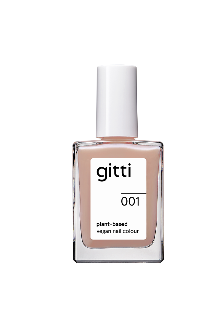 Eine Flasche gitti no. 001 pflanzlicher veganer Nagellack mit weißer Kappe und beiger Farbe im Inneren.