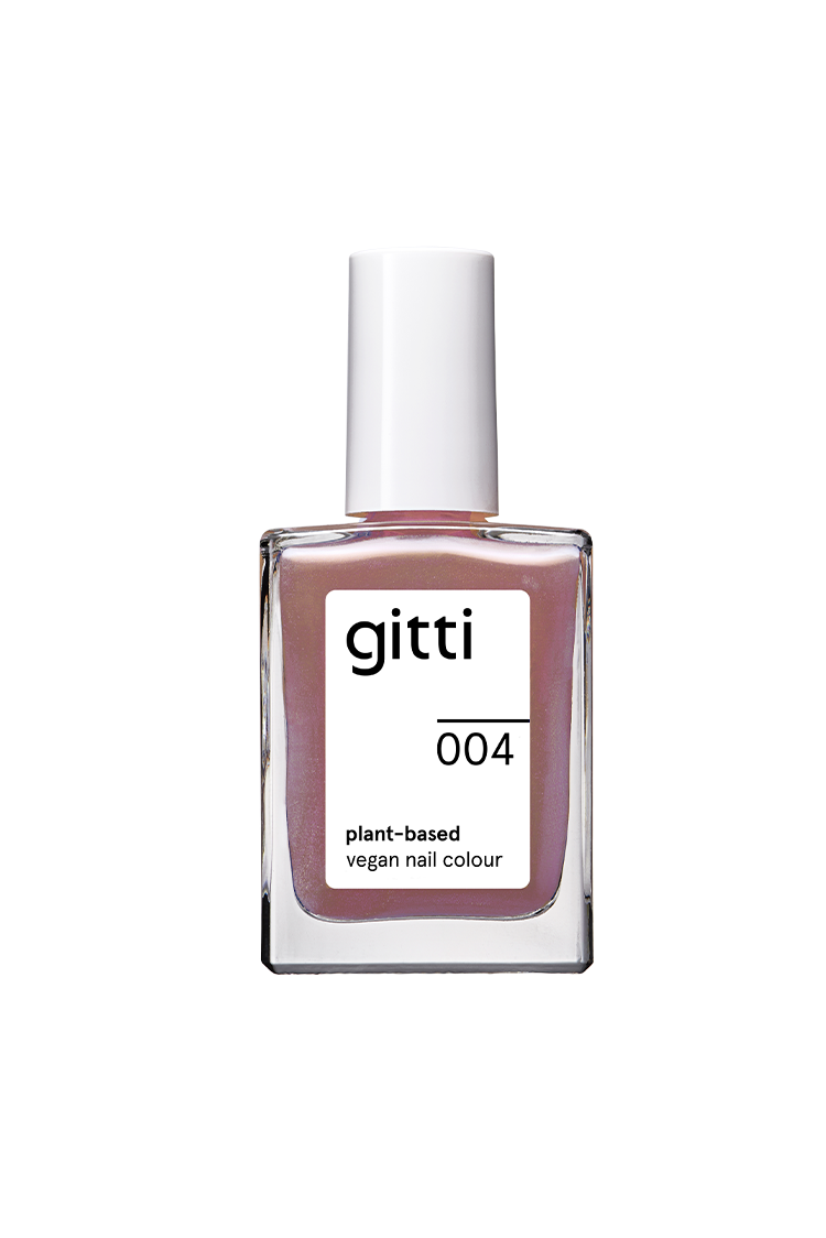 Eine Flasche gitti no. 004 pflanzlicher, veganer Nagellack in seidigem Mauve, mit weißer Kappe und minimalistischem Etikett.