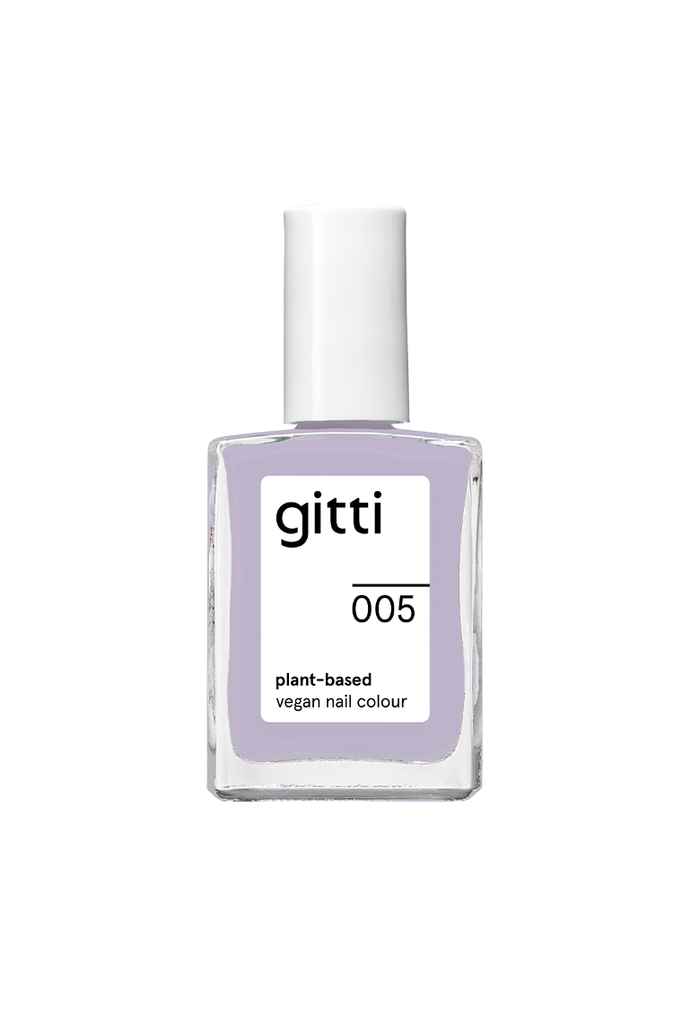 Eine Flasche gitti no. 005 - vegane Nagelfarbe mit erhöhter Deckkraft in zartem Flieder mit weißer Kappe - perfekt für frische Looks.