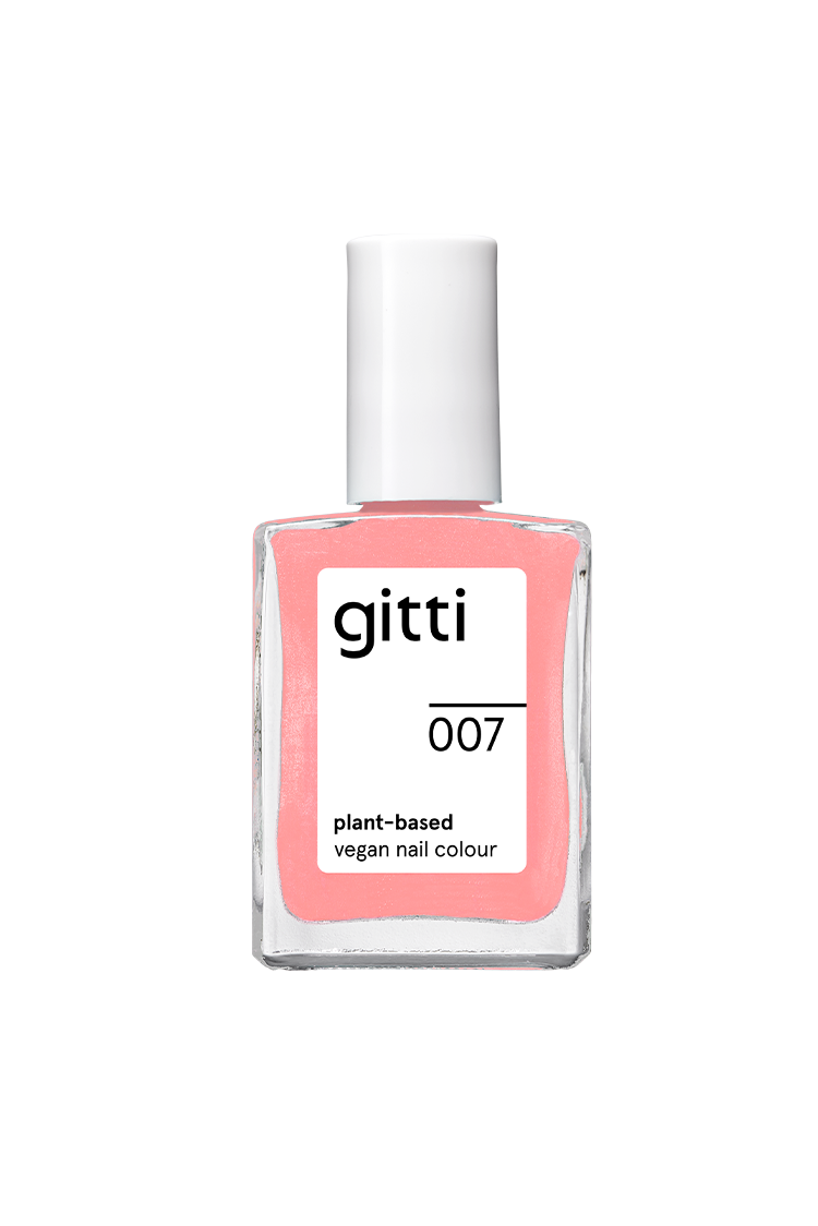 Eine Flasche gitti no. 007, eine pflanzliche vegane Nagelfarbe in leuchtendes Pink mit weißer Kappe.