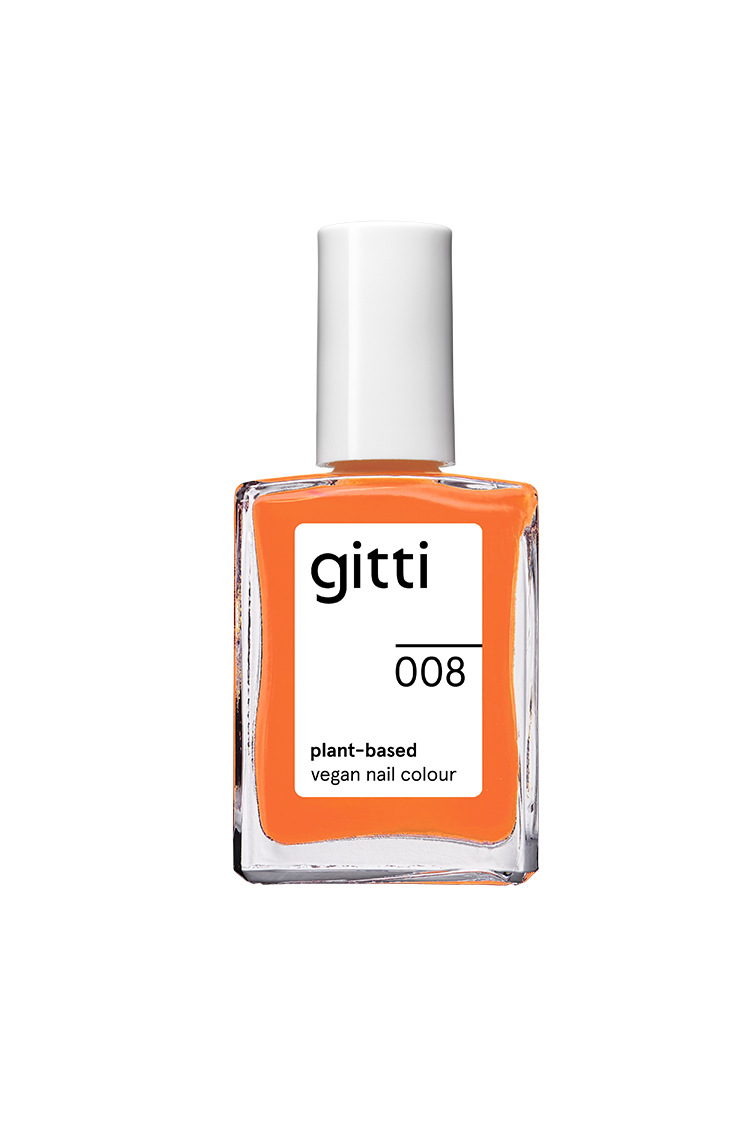 Eine Flasche mit gitti no. 008 pflanzliche, vegane Nagelfarbe mit weißer, quadratischer Kappe in einem leuchtenden Orangeton.