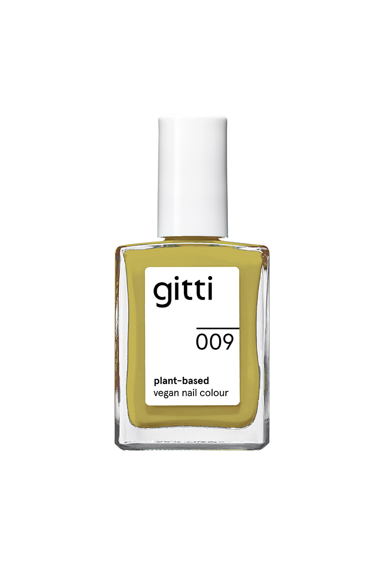 Eine Flasche gitti no. 009 pflanzlicher veganer Nagellack mit weißer Kappe und einem sanften pistaziengrünen Farbton mit gelben Untertönen.