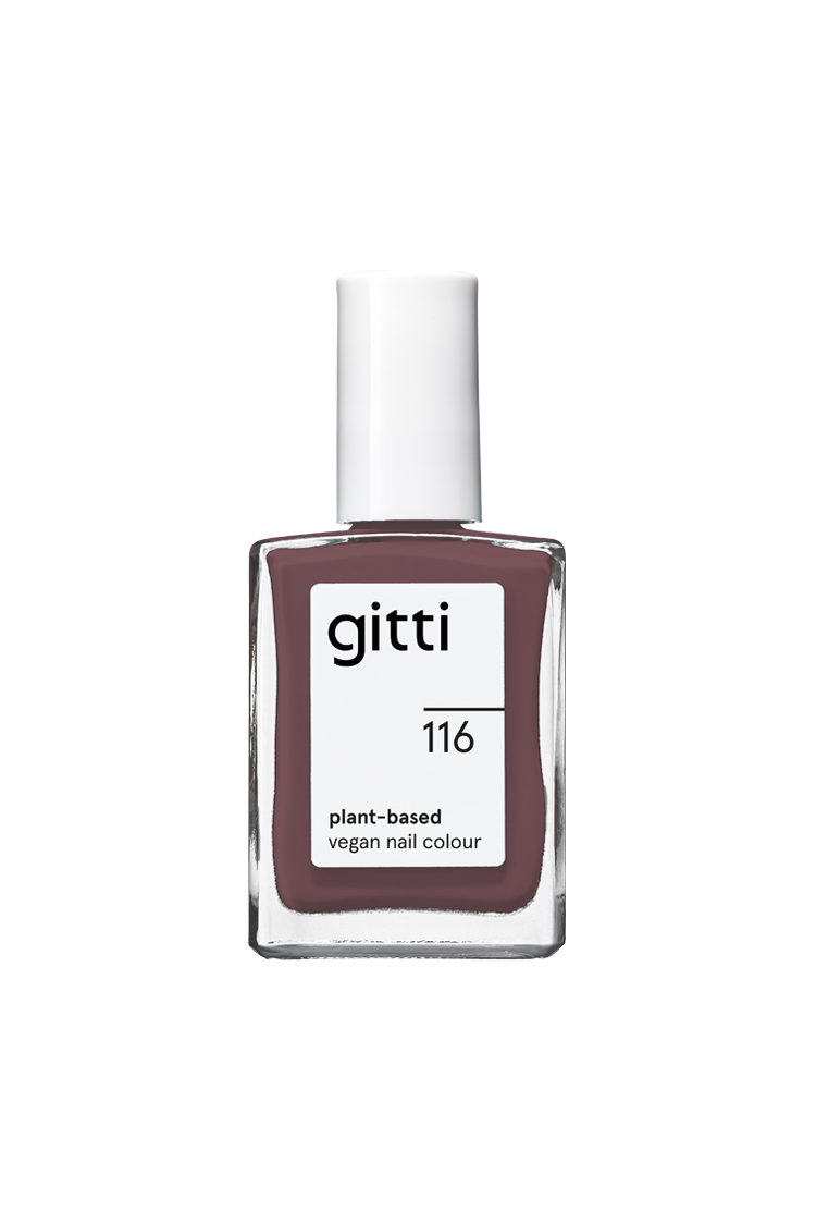 Eine Flasche mit gitti no. 116 pflanzliche vegane Nagelfarbe in einem kühlen Braunton mit violettem Unterton, mit weißer Kappe und minimalistischem Etikettendesign.