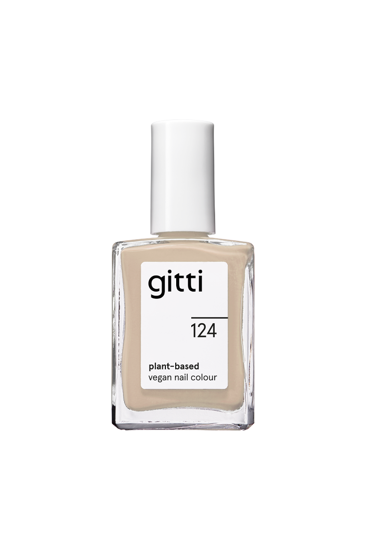 Eine Flasche gitti no. 124 pflanzliche, vegane Nagelfarbe mit weißer Kappe und einem dezenten, sandbeigen Farbton im Inneren.